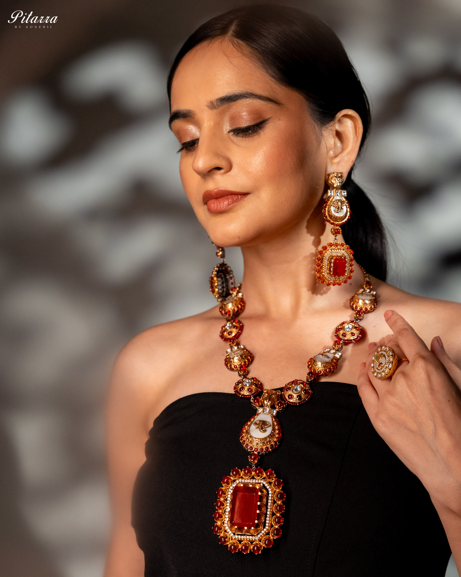 Red Ruby Polki Traditional Kundan Necklace Set Model Shoot