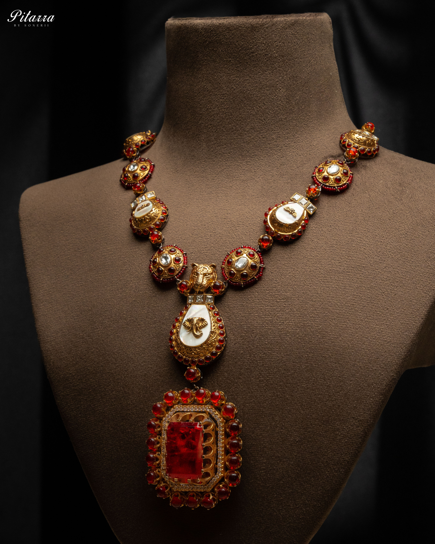 Red Ruby Polki Traditional Kundan Necklace Set Side Angle