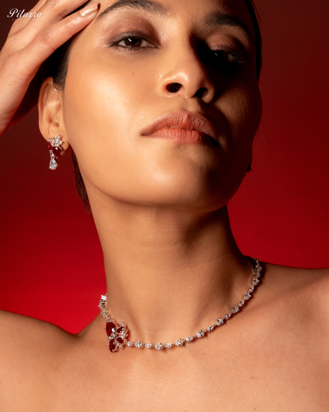 Red Silver Plated CZ Necklace Set_Front Pose