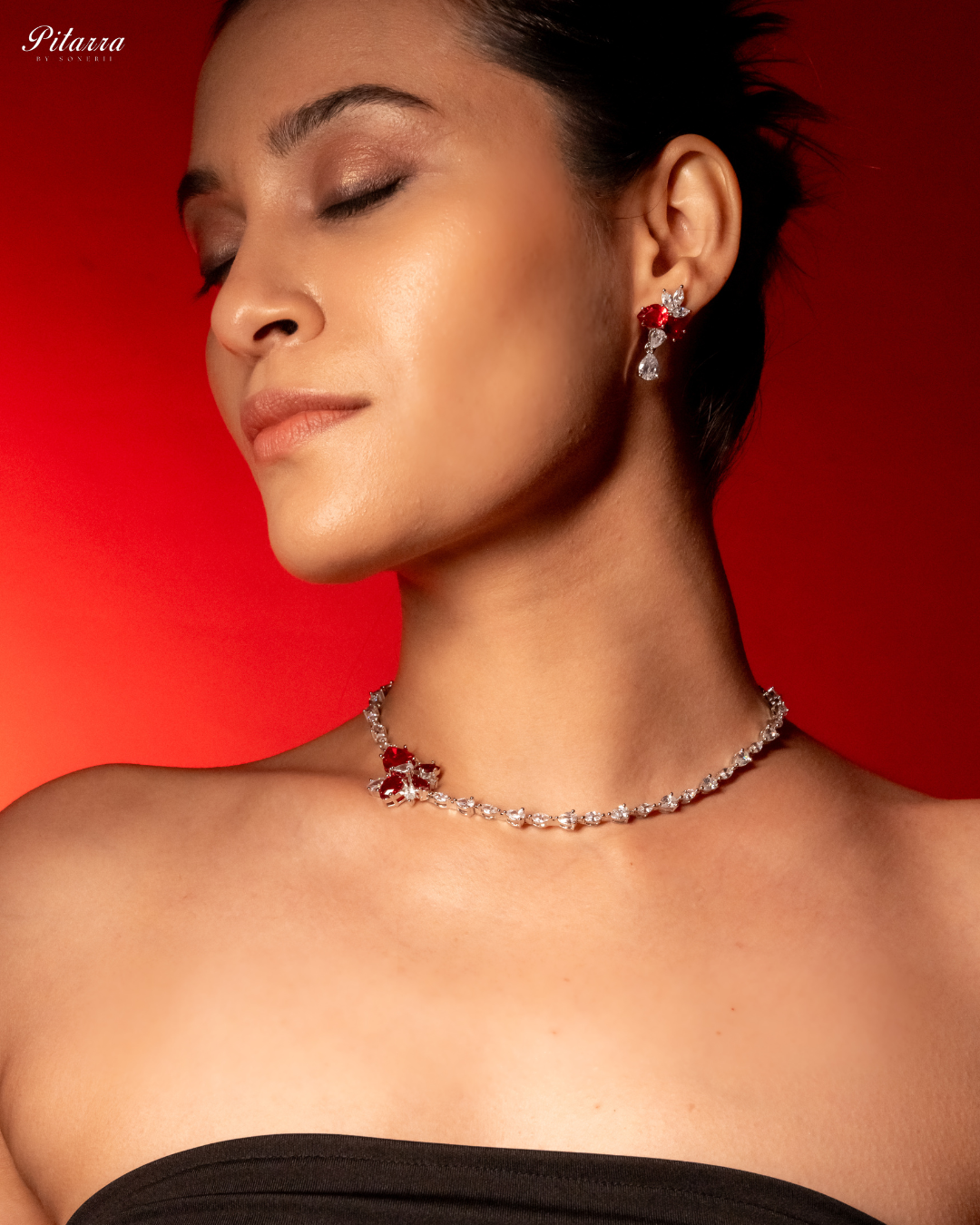 Red Silver Plated CZ Necklace Set_Left Angle