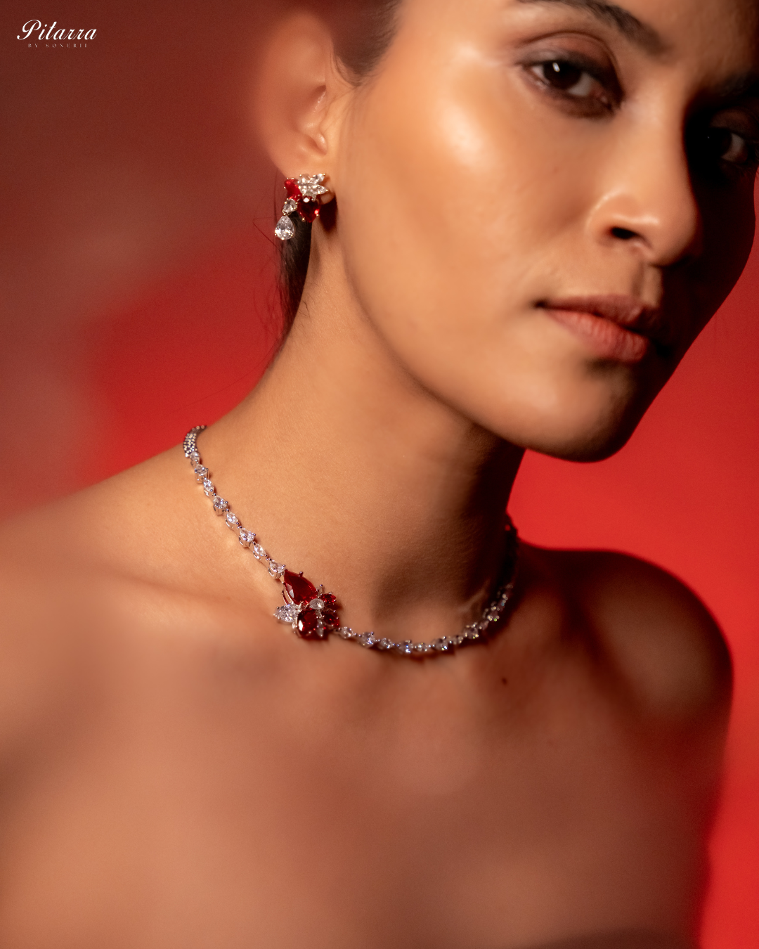 Red Silver Plated CZ Necklace Set_Right Angle