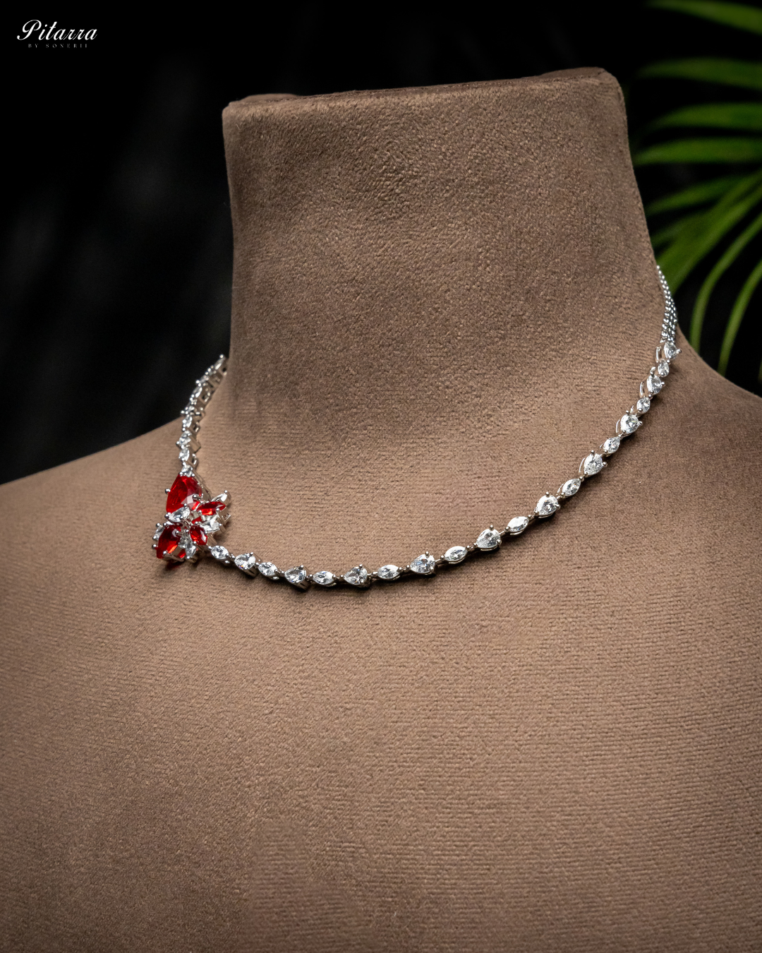 Red Silver Plated CZ Necklace Set_Side Angle