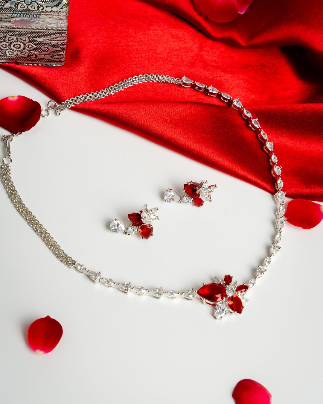 Red Silver Plated CZ Necklace Set_White Background
