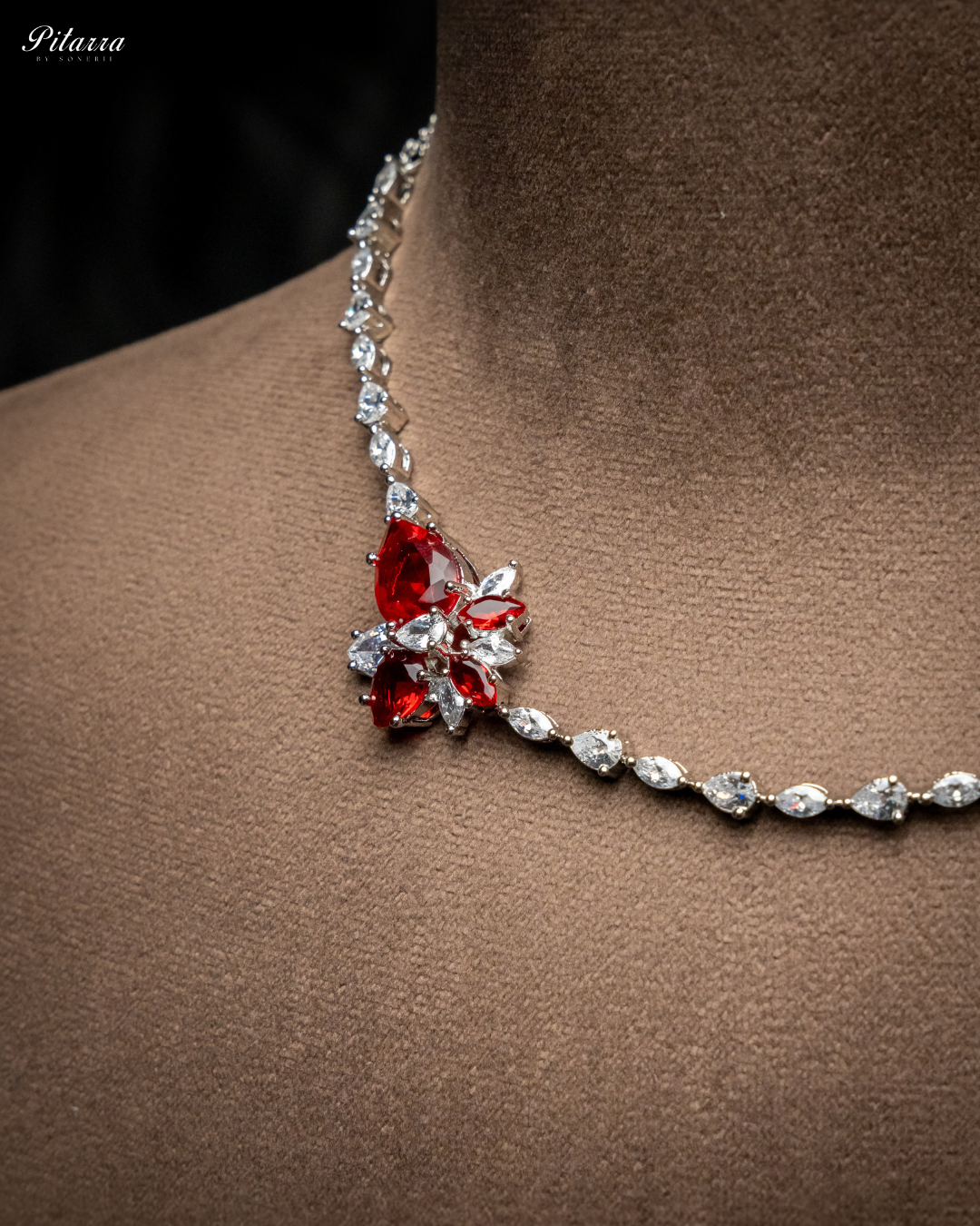 Red Silver Plated CZ Necklace Set_Zoom Angle