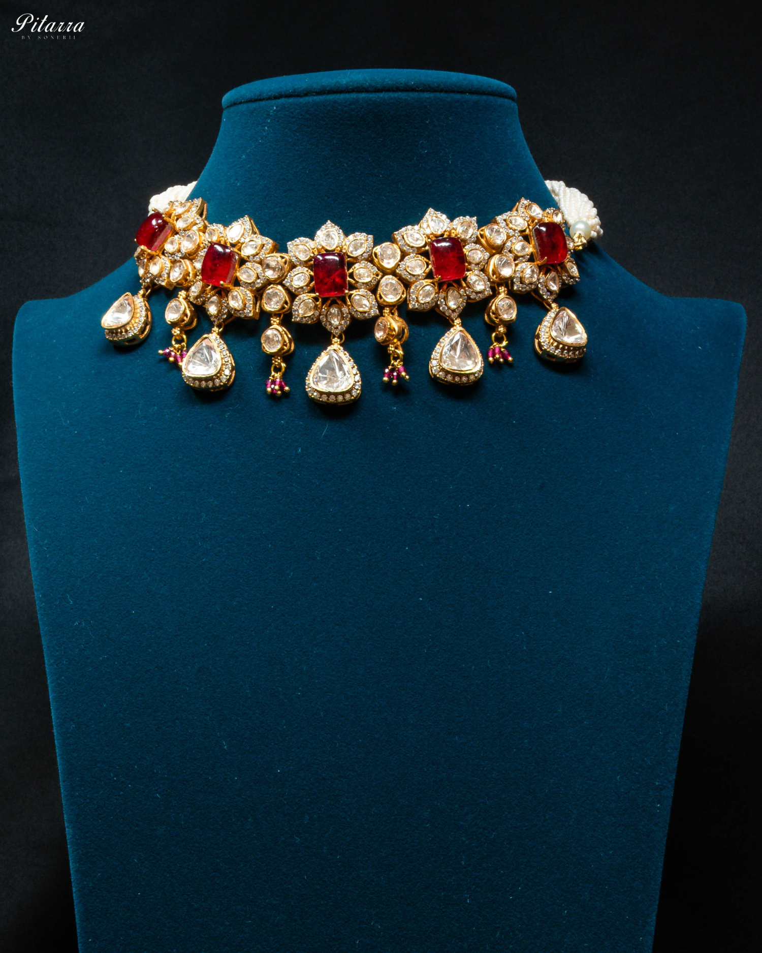 Red Stone Floral Traditional Choker Set_Front Image