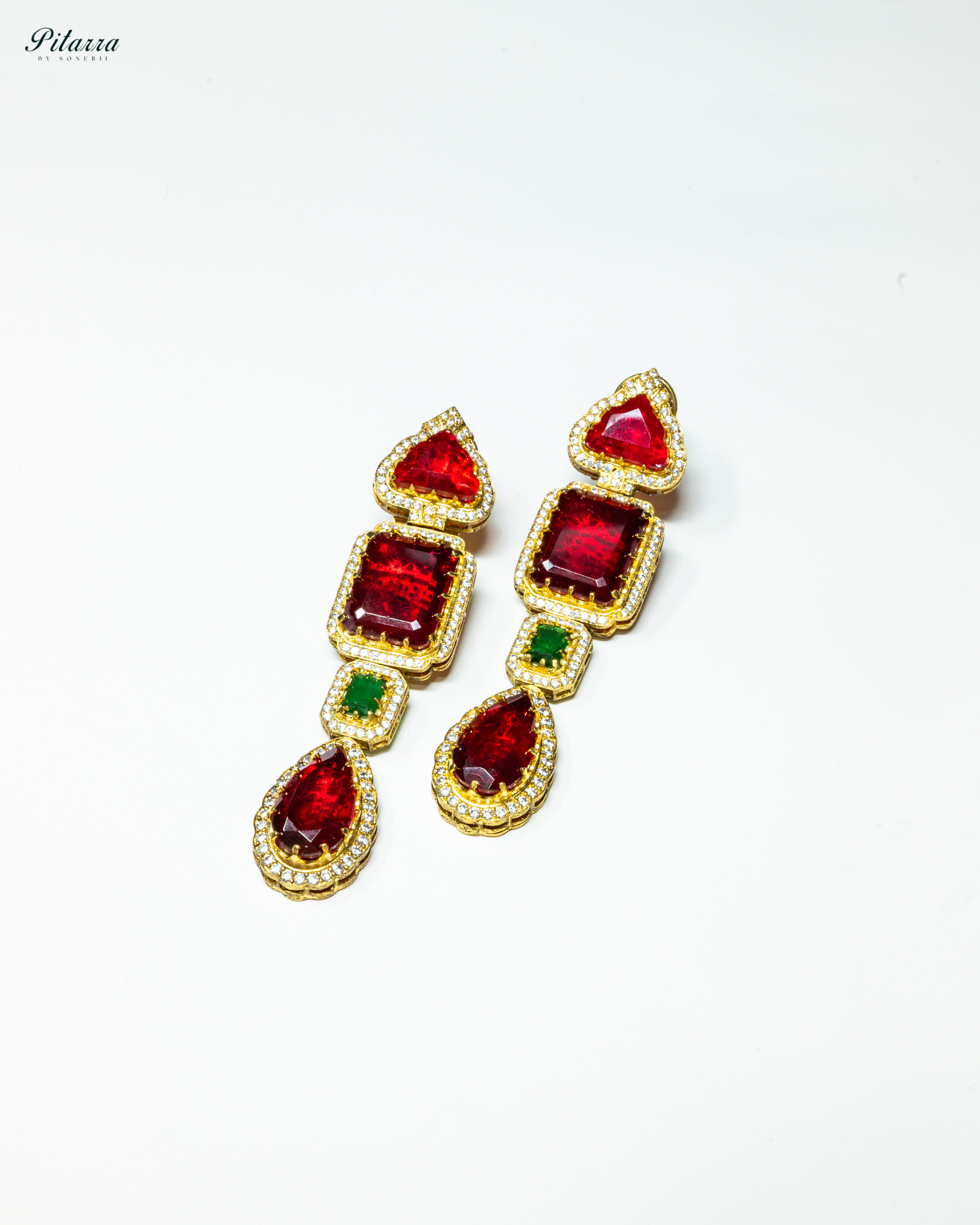 Red Stone Long Doublet Earrings_Front Image