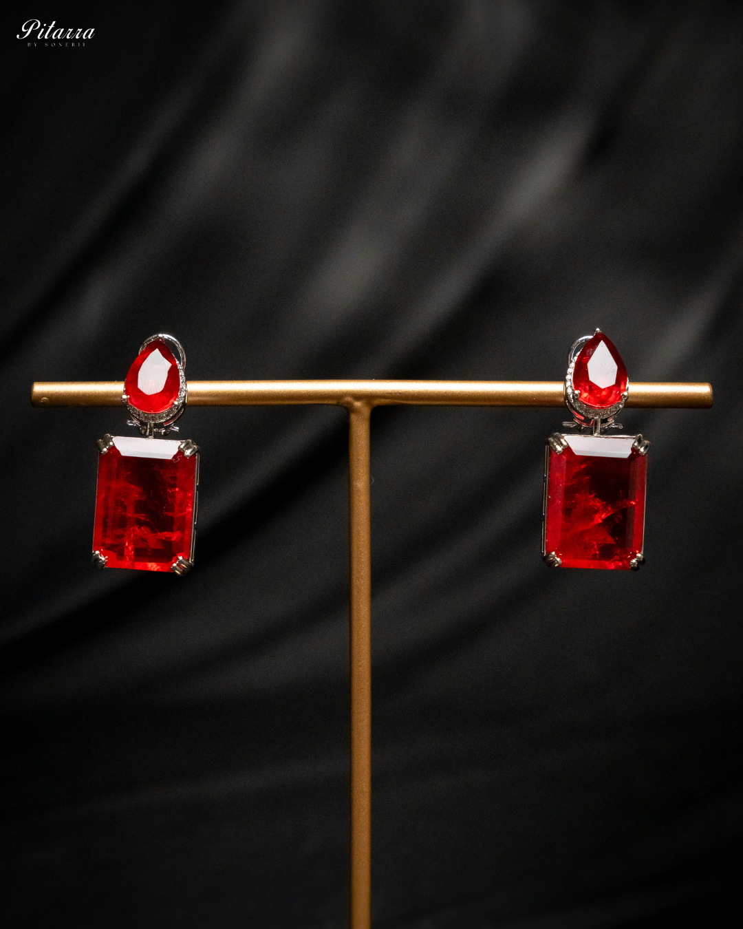 Red Stone Zirconia Necklace Set_Earrings