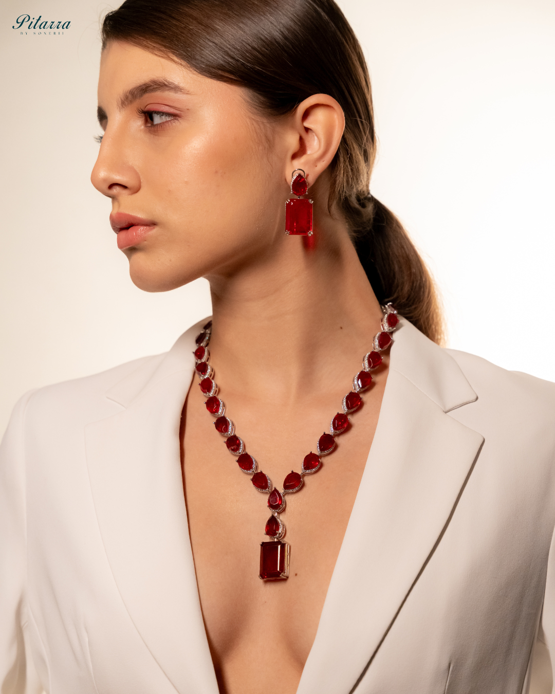 Red Stone Zirconia Necklace Set_Left Angle