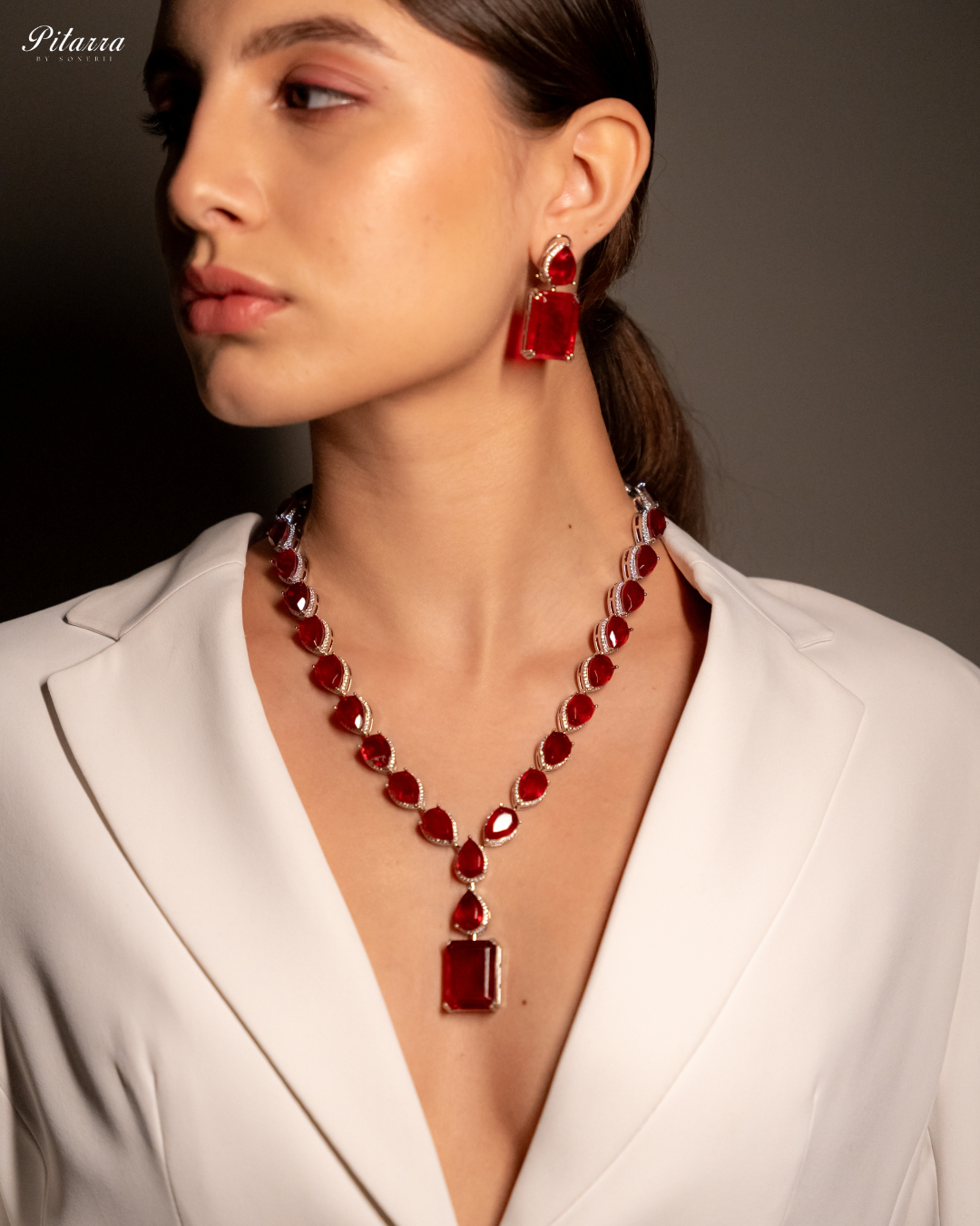 Red Stone Zirconia Necklace Set_Side Image