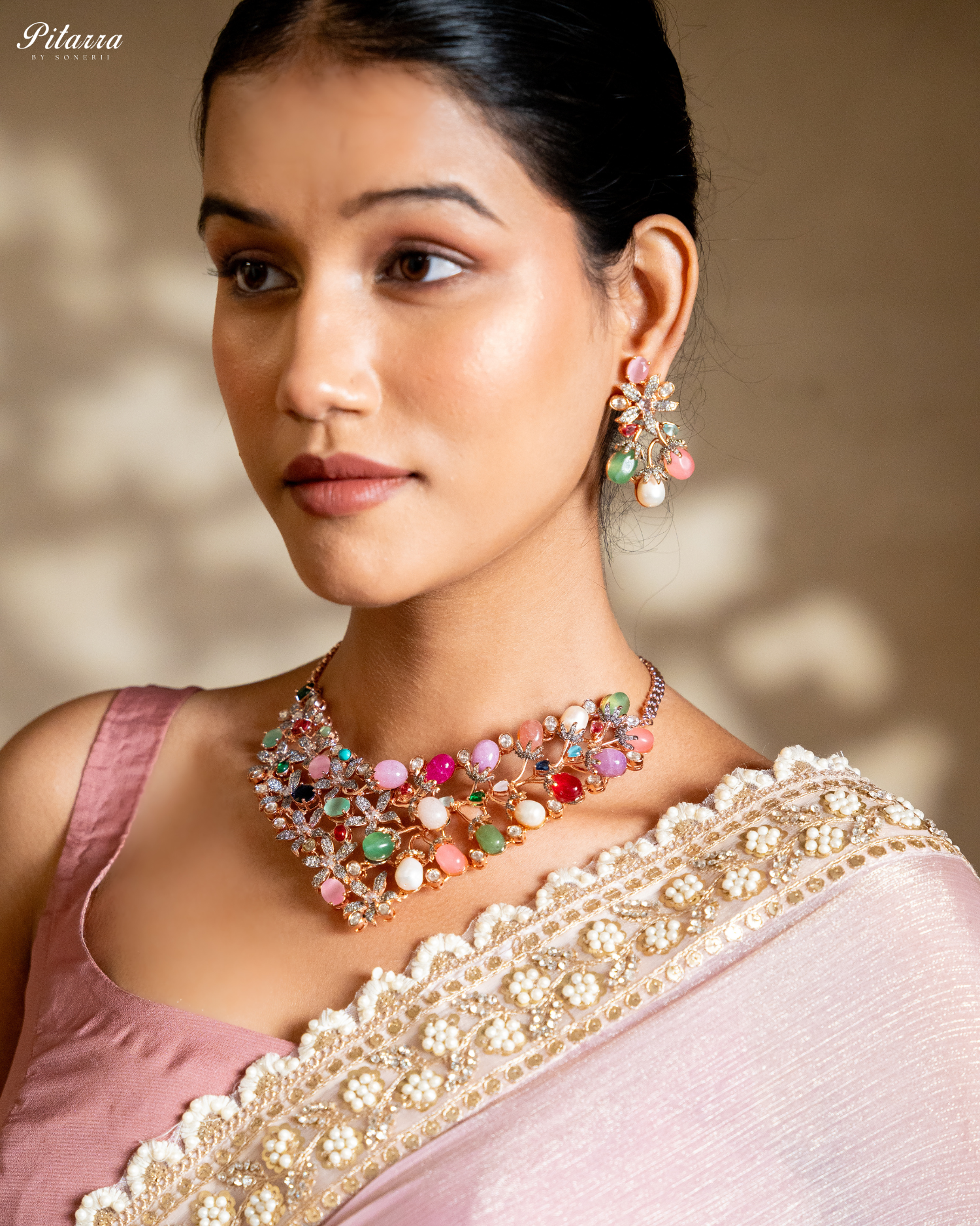 Rose Gold Statement Necklace Set Model Shoot-Fusion Design Jewelry