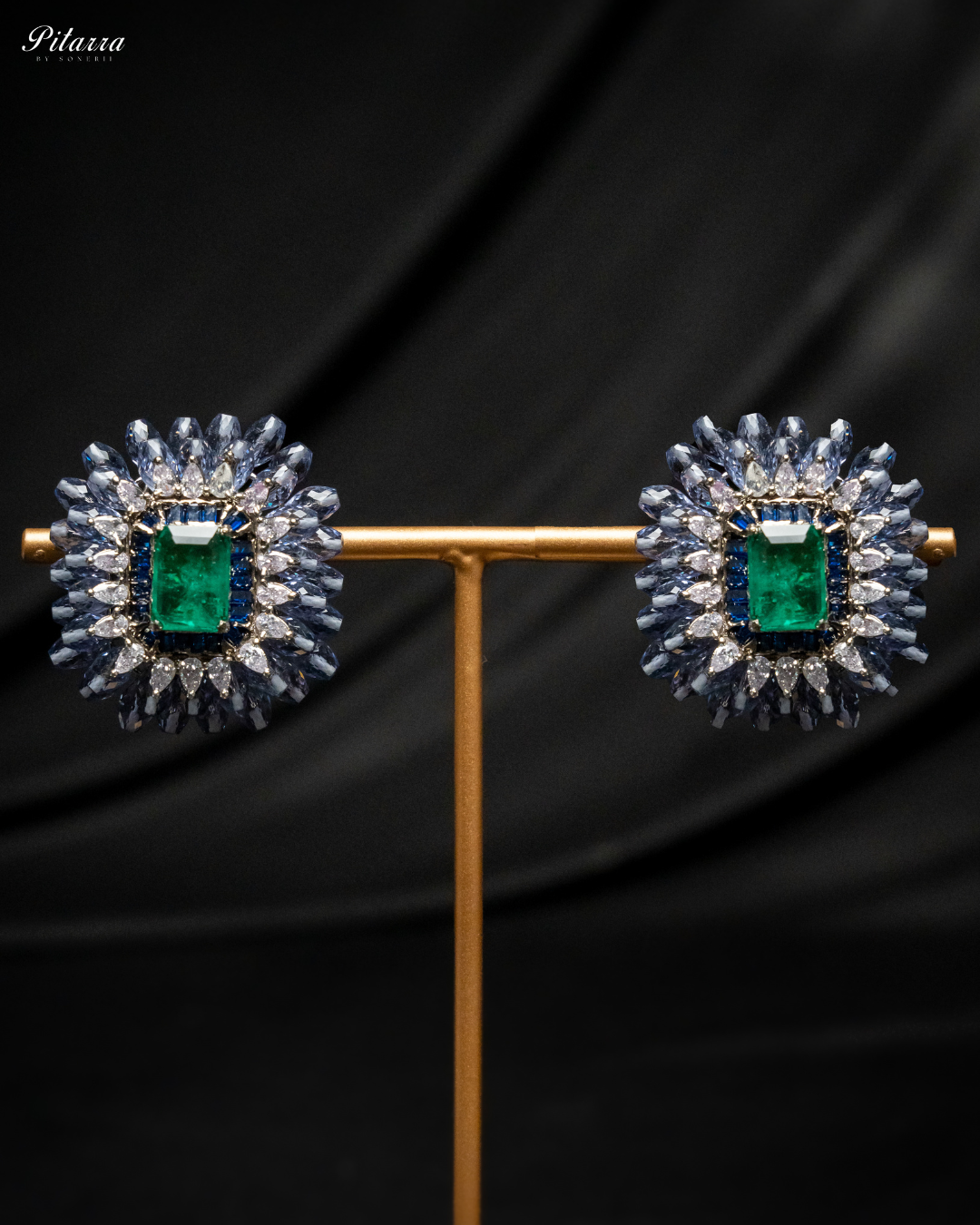 Royal Blue Emerald Studs Earrings_Front Image