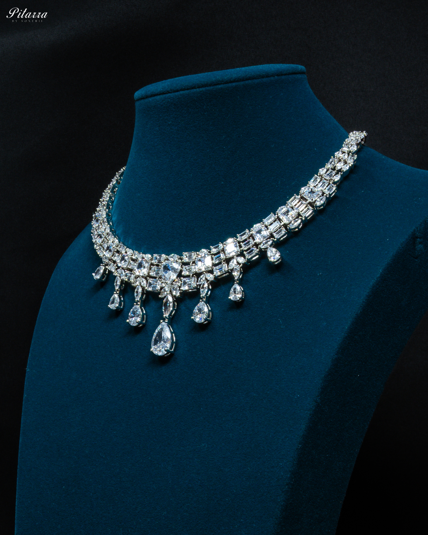 Silver Drop Cubic Zirconia Studded Necklace Set_Side Angle