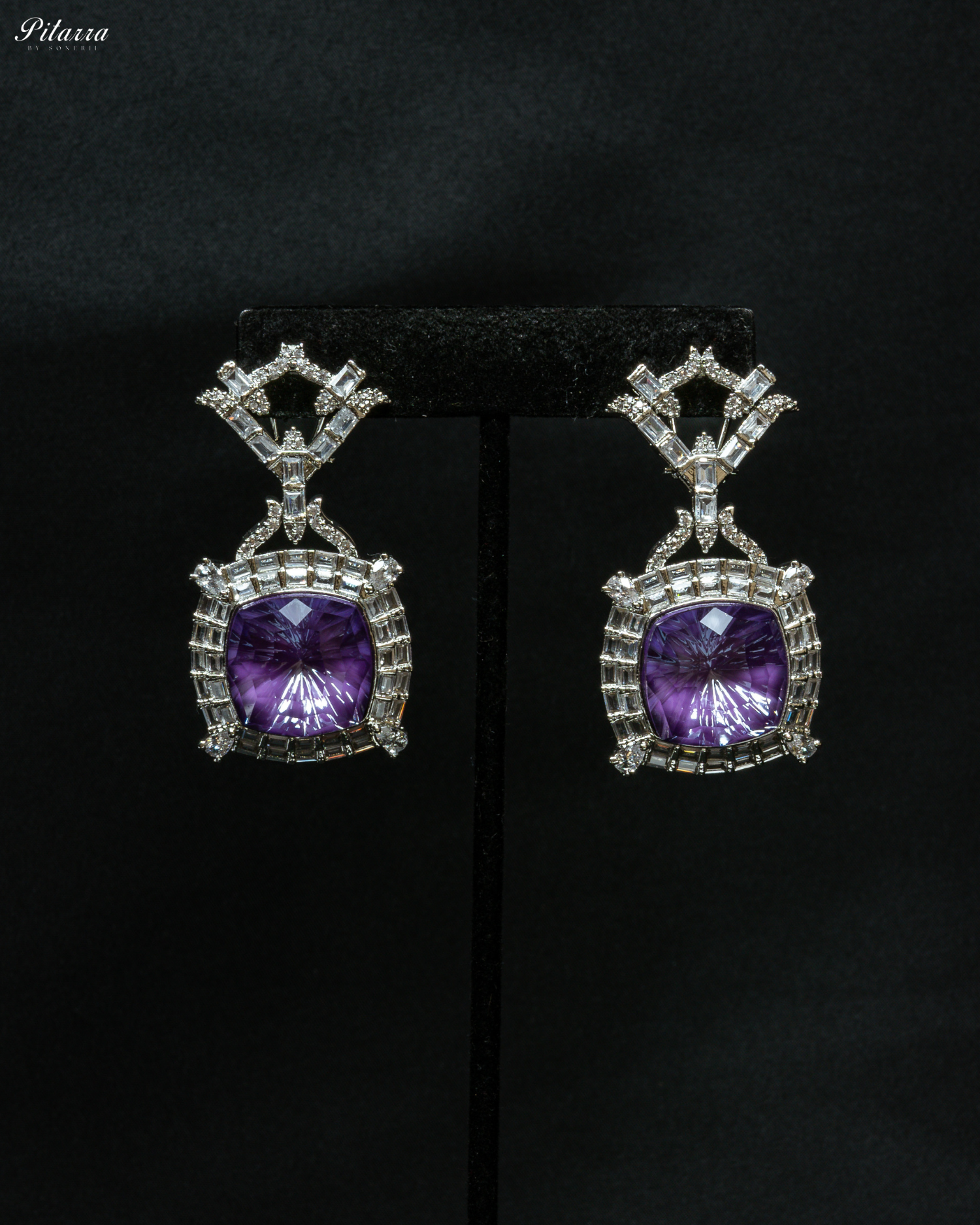 Silver Finish Purple Stone Zircon Long Necklace Set_Earrings