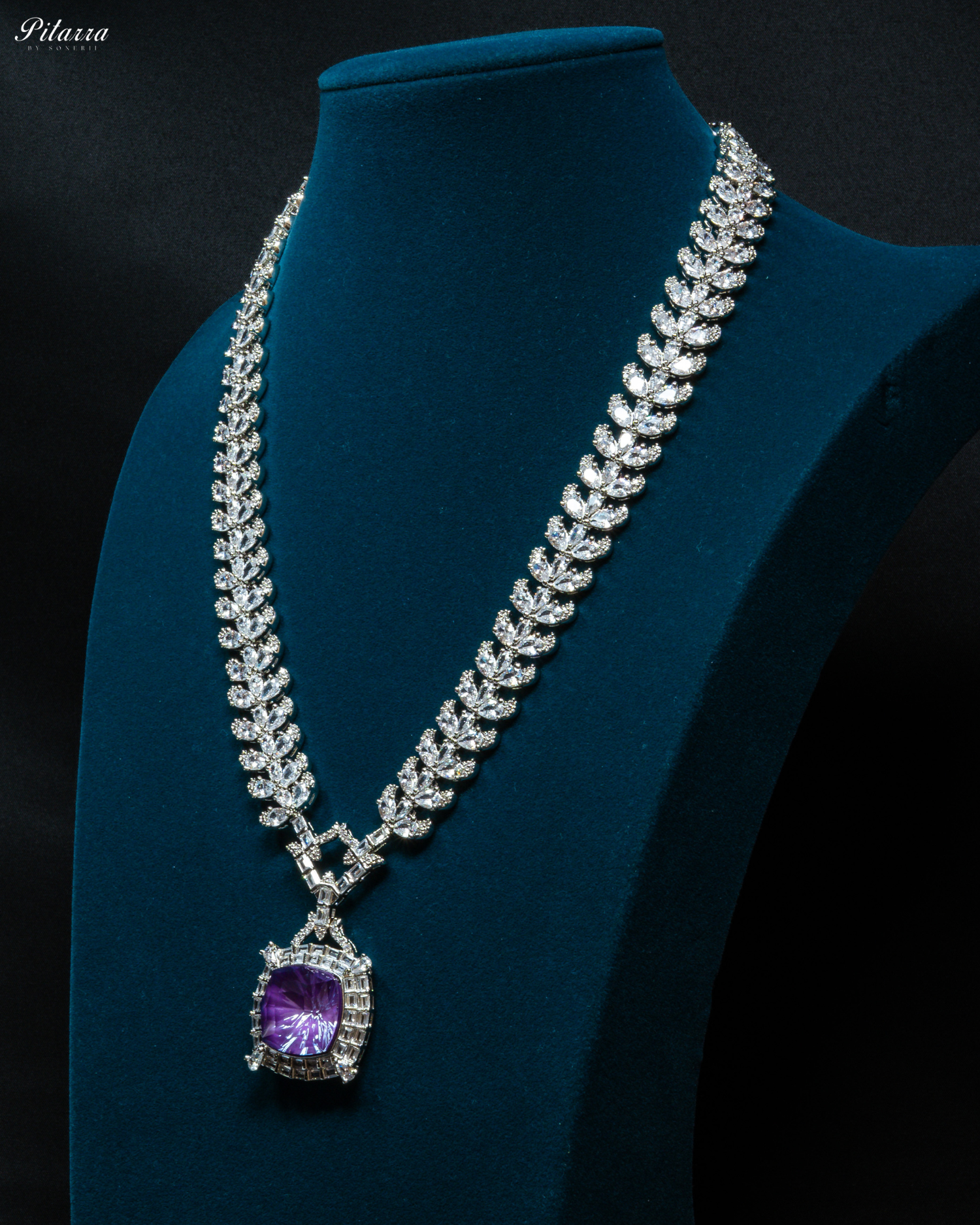 Silver Finish Purple Stone Zircon Long Necklace Set_Side Angle