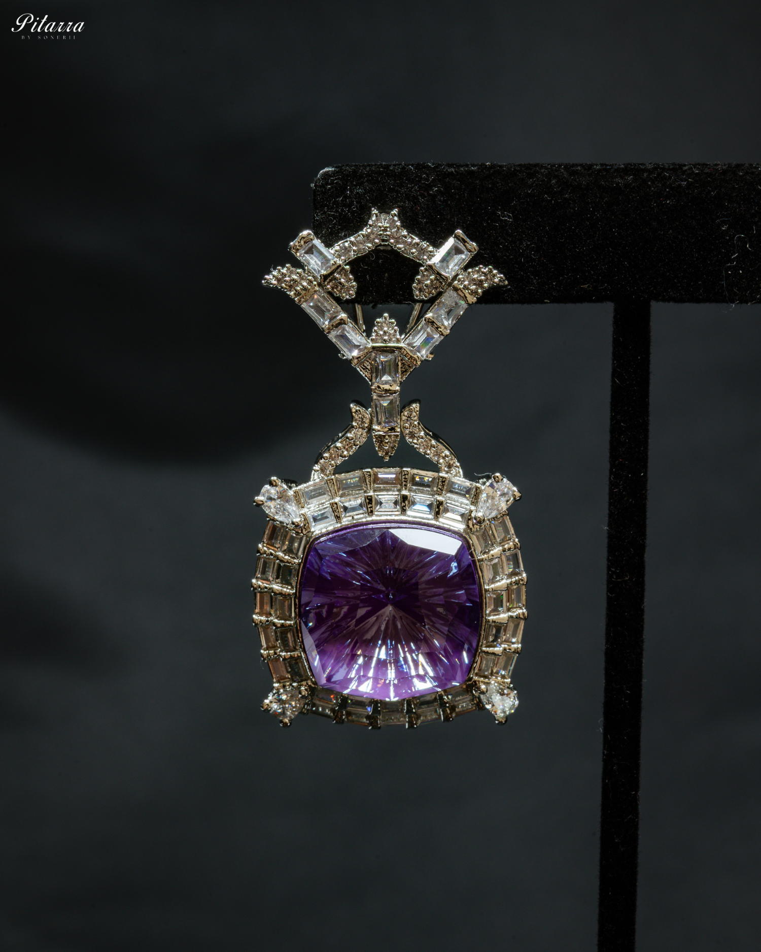Silver Finish Purple Stone Zircon Long Necklace Set_Zoom Earrings