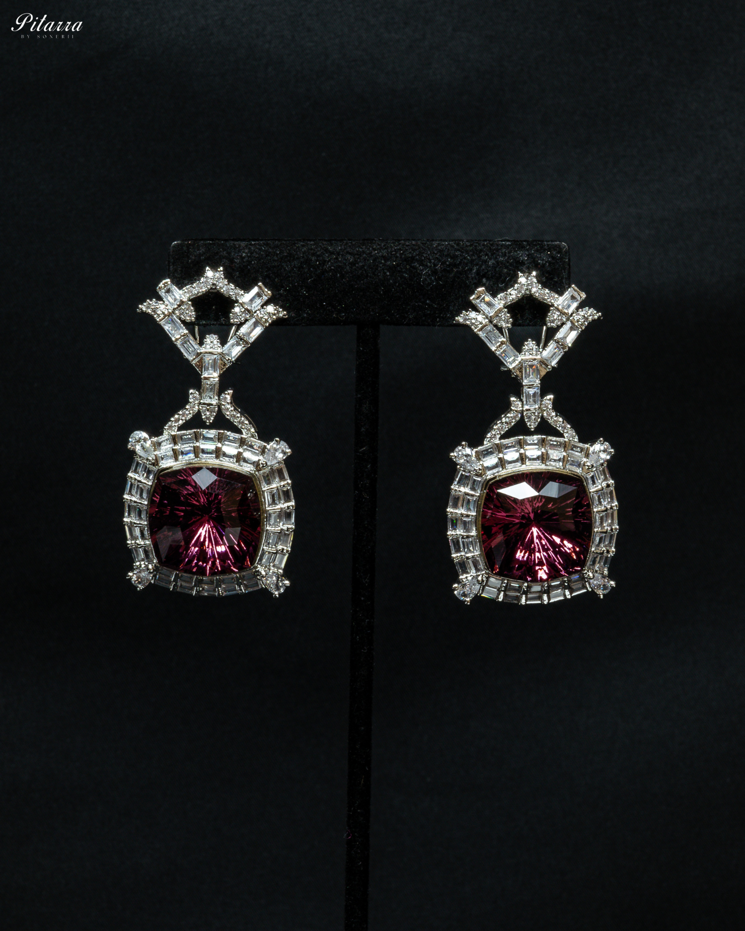 Silver Finish Ruby Red Stone Zircon Long Necklace Set_Earrings