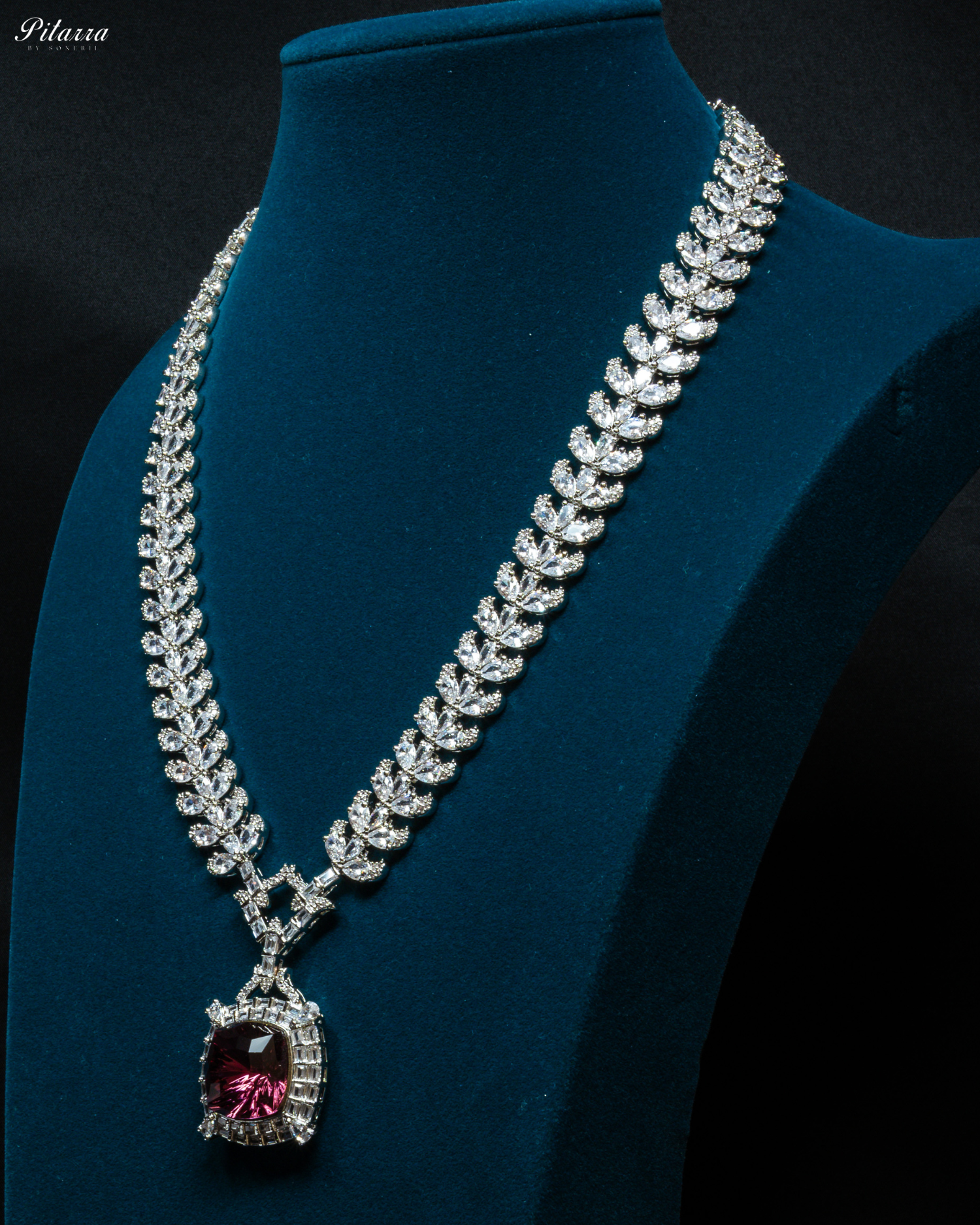 Silver Finish Ruby Red Stone Zircon Long Necklace Set_Side Angle