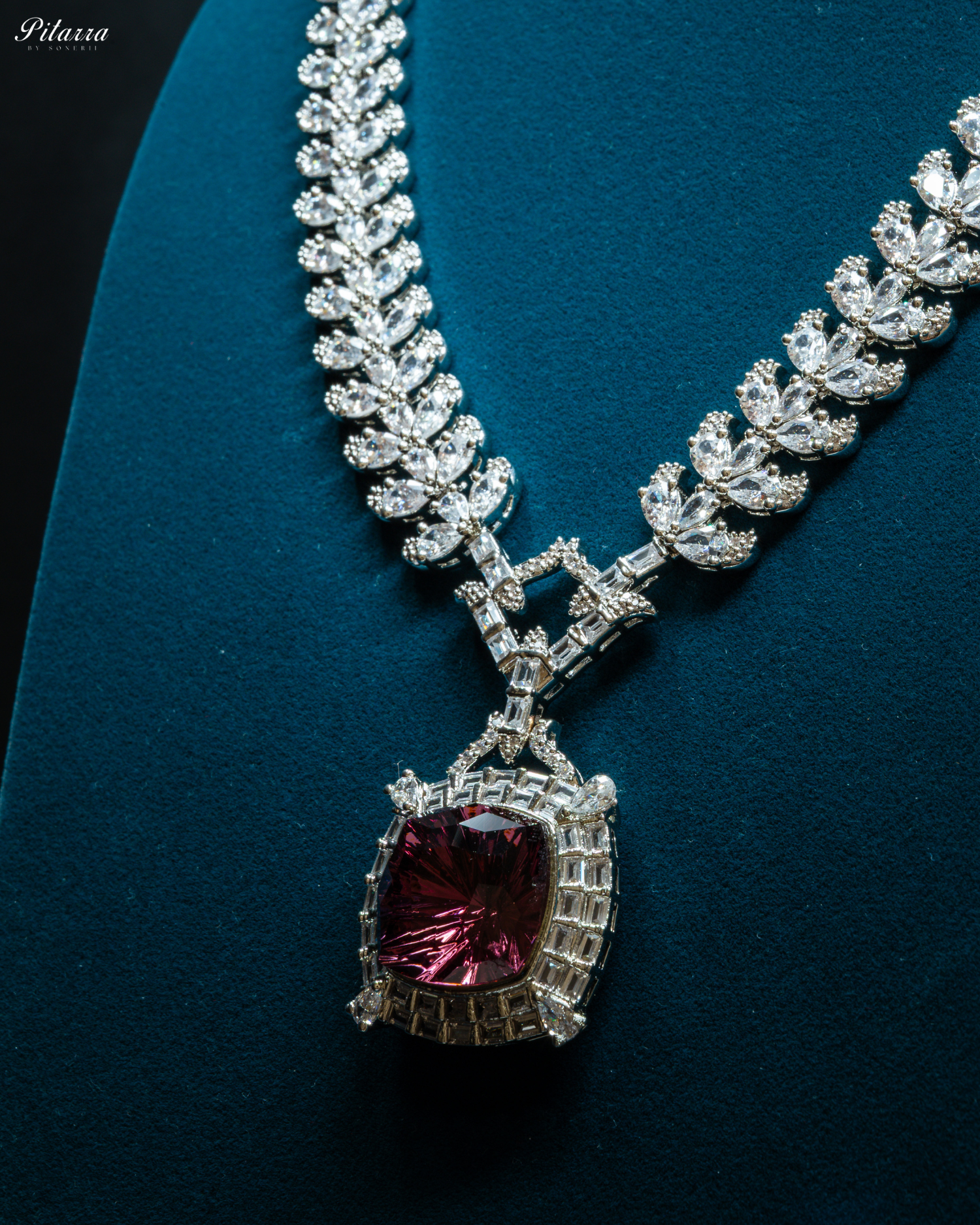 Silver Finish Ruby Red Stone Zircon Long Necklace Set_Zoom Angle