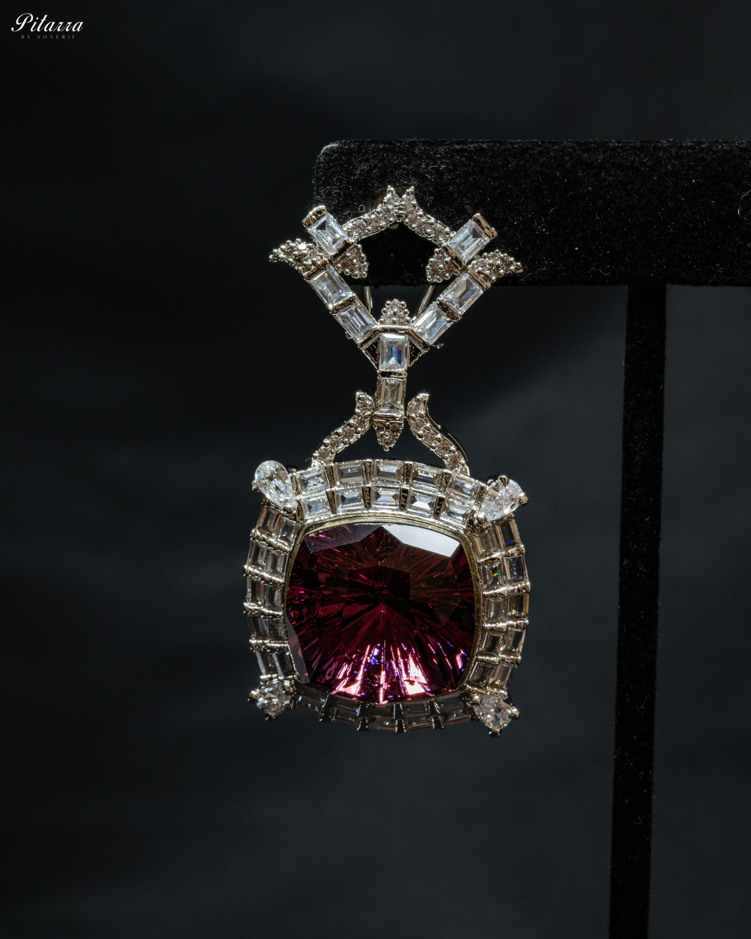 Silver Finish Ruby Red Stone Zircon Long Necklace Set_Zoom Earrings