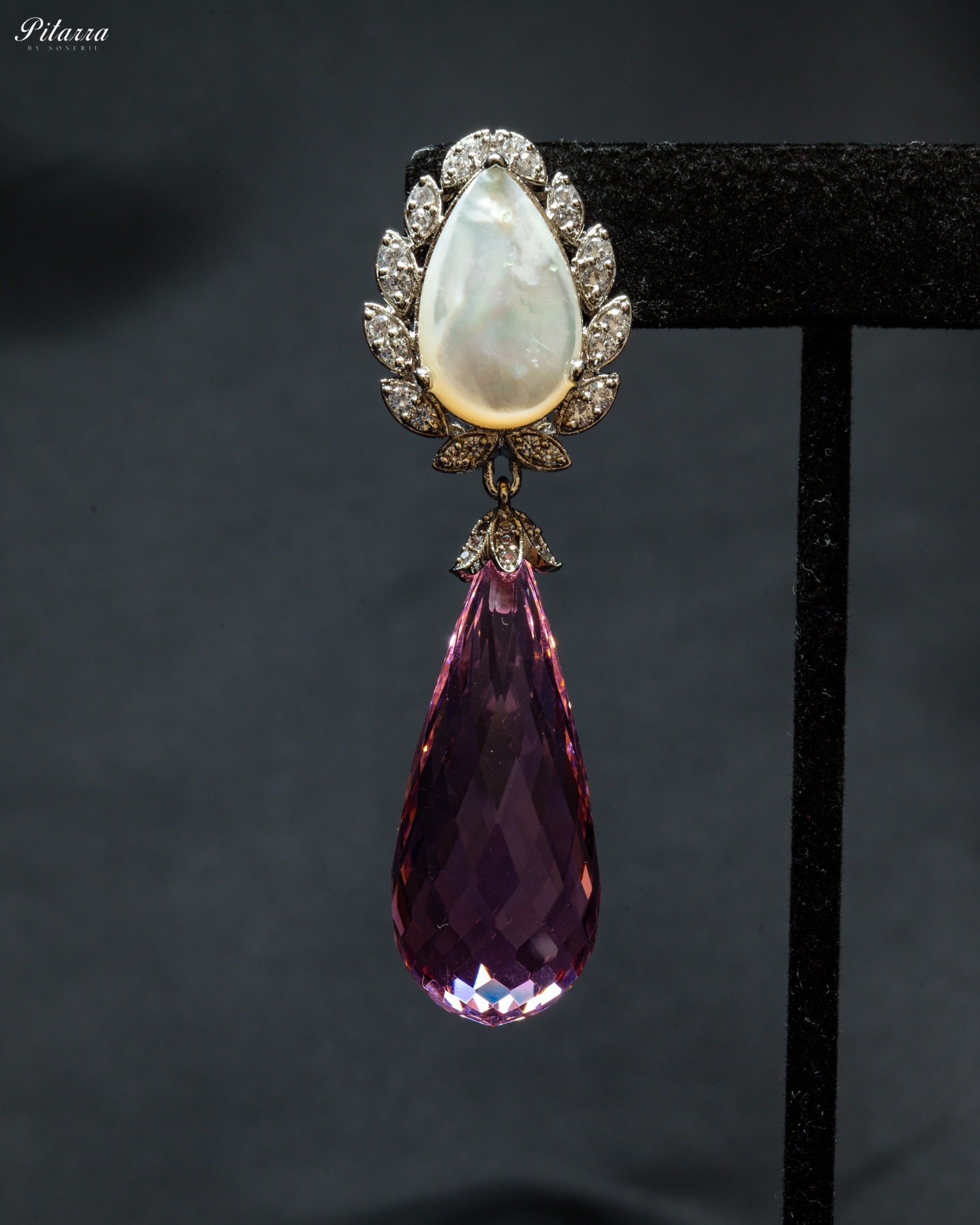 Silver Finish White and Pink CZ Drop Earrings_Zoom Angle