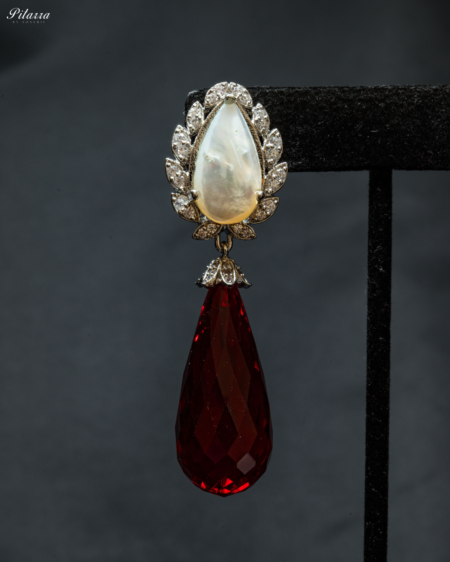 Silver Finish White and Red CZ Drop Earrings_Zoom Angle