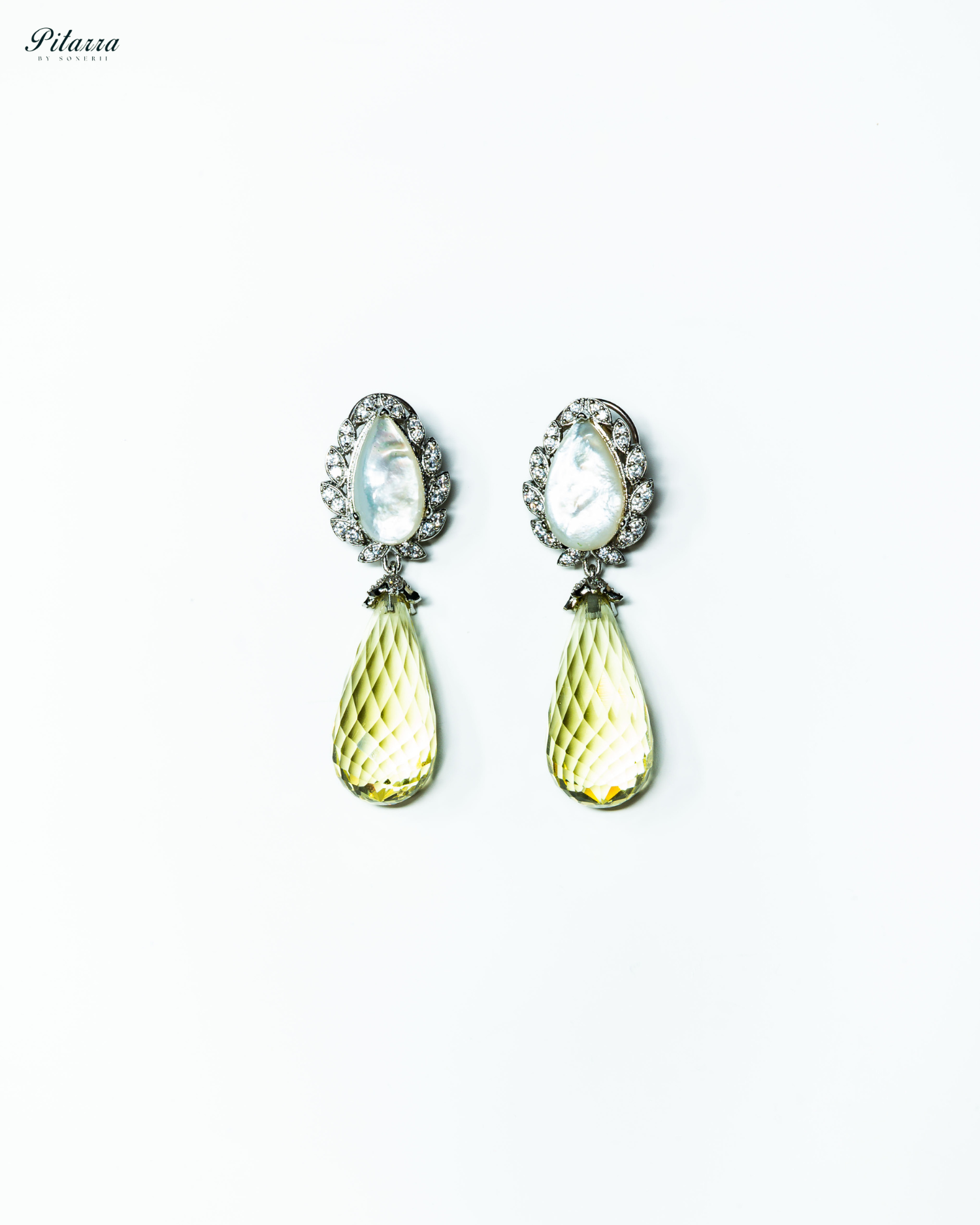 Silver Finish White and Yellow CZ Drop Earrings_White Background
