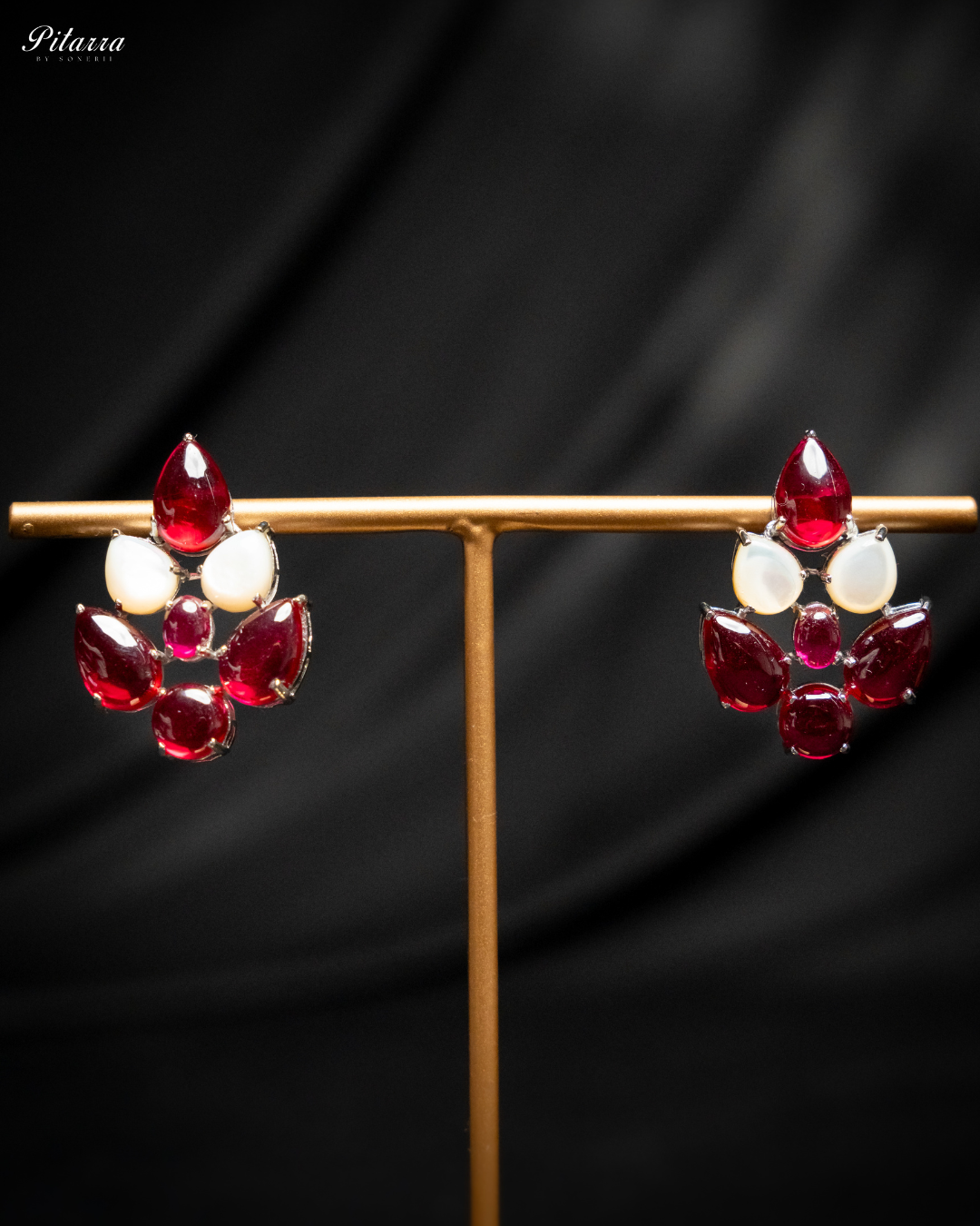 Silver Red Ethnic Stud Earrings_Front Image