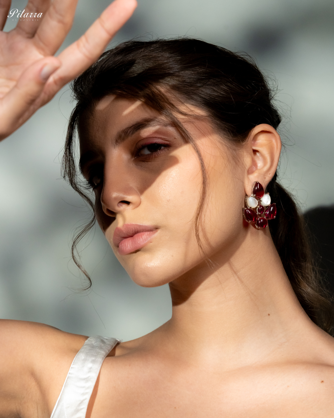 Silver Red Ethnic Stud Earrings_Left Image