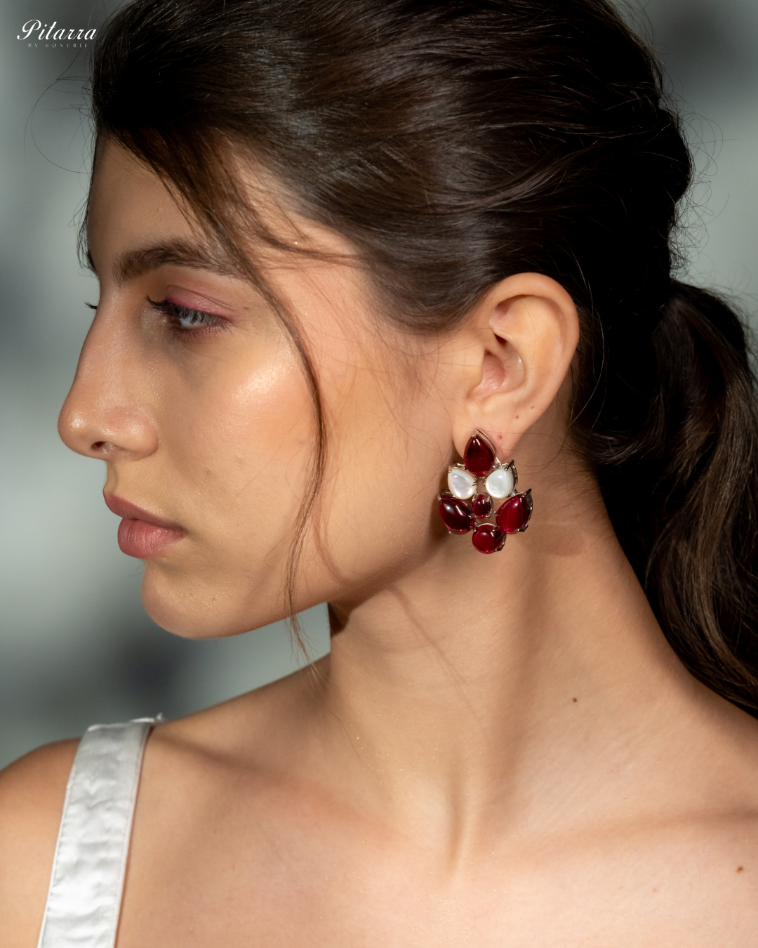 Silver Red Ethnic Stud Earrings_Side Image