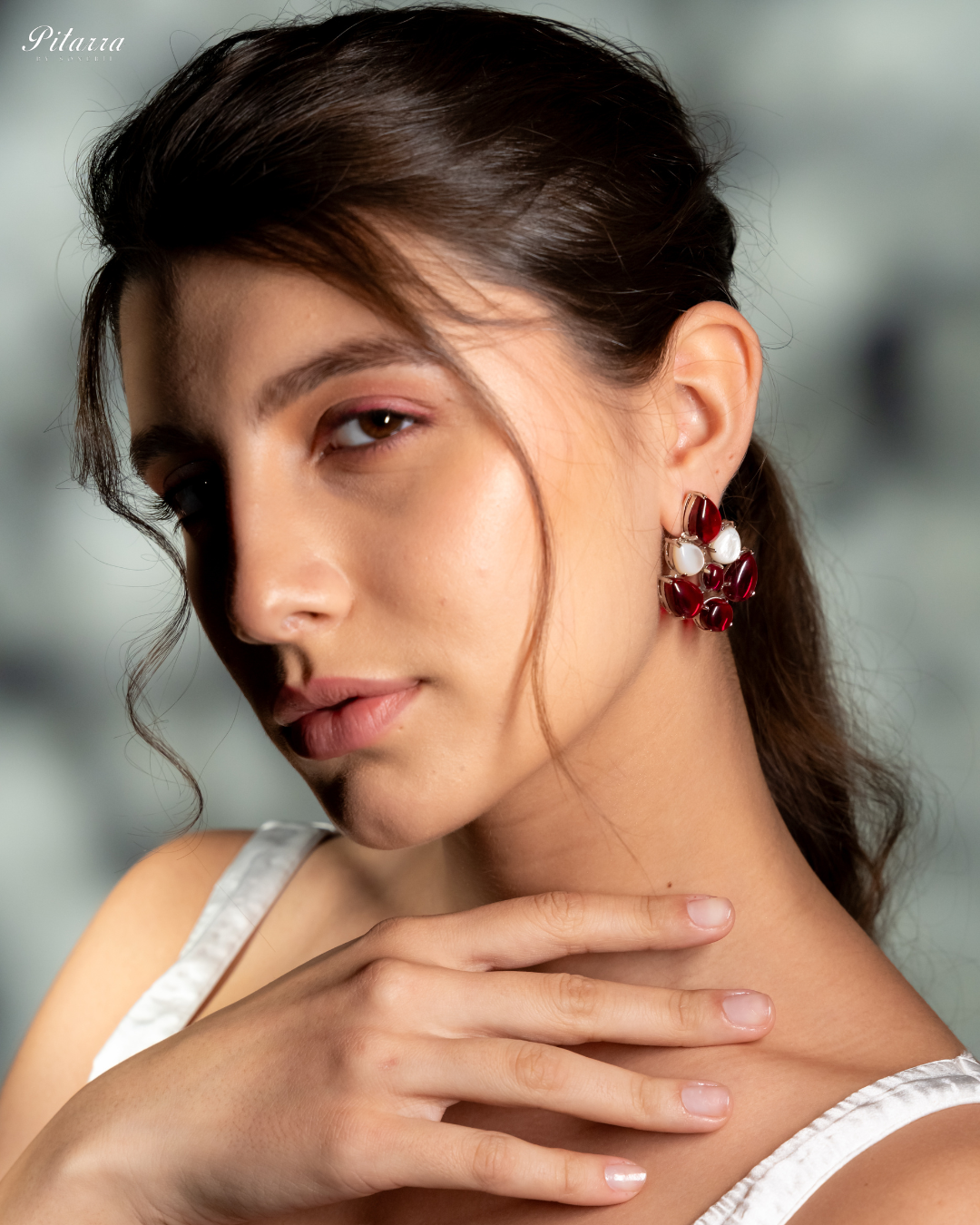 Silver Red Ethnic Stud Earrings_Side Pose