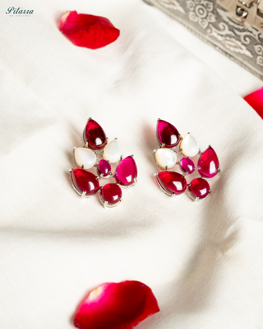 Silver Red Ethnic Stud Earrings_White Background
