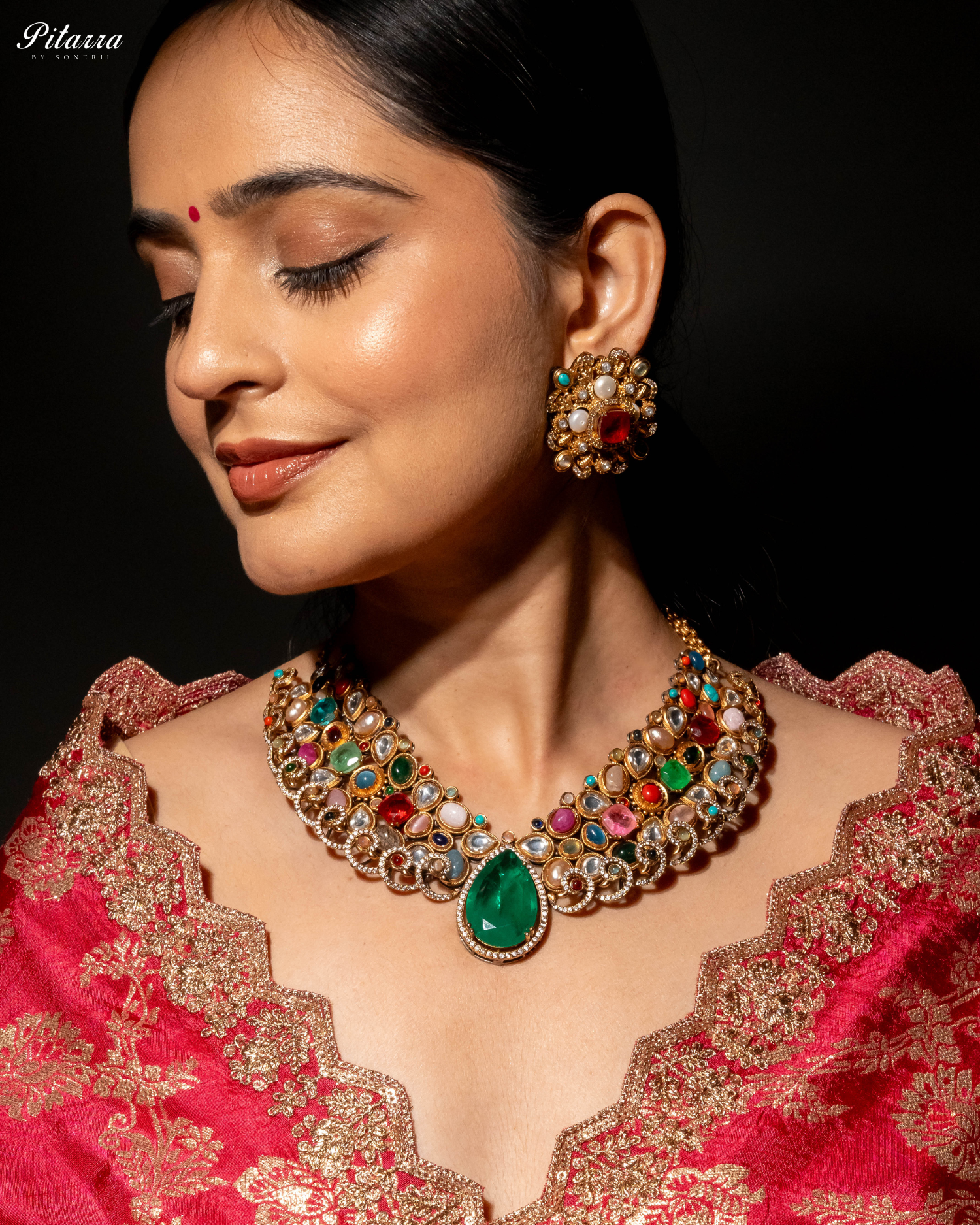 Statement Green Doublet Necklace Set Front Model Shoot-Fusion Luxury Jewelry