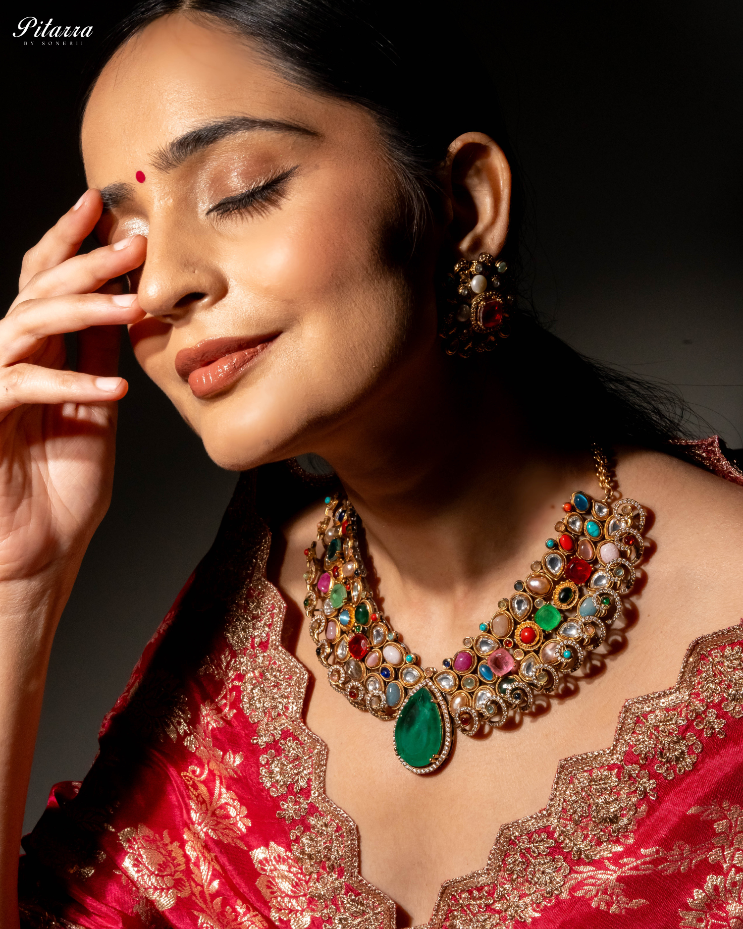 Statement Green Doublet Necklace Set Model Side Angle-Fusion Luxury Jewelry