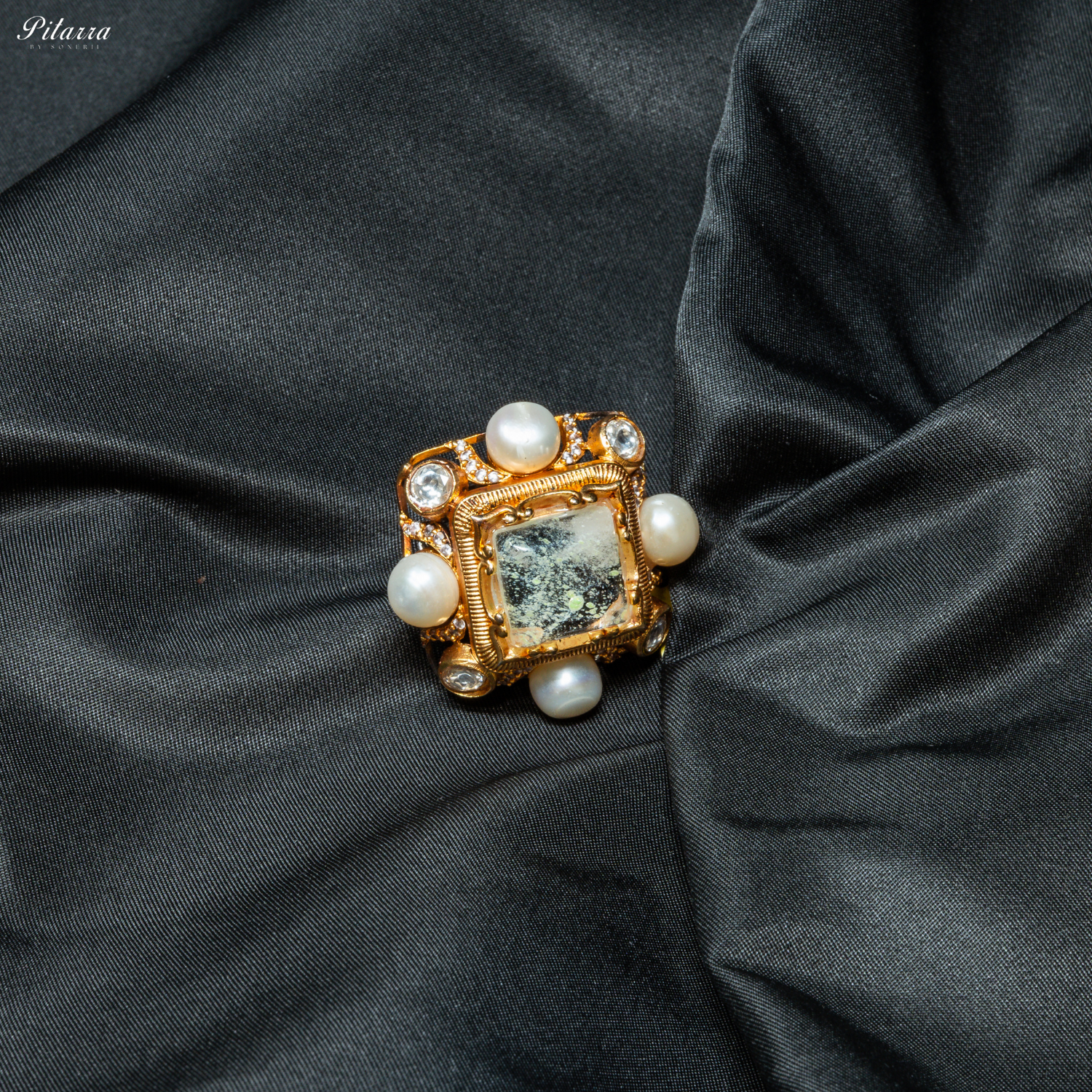 Tea Green Crystal Pearl Maharani Ring_Front Image