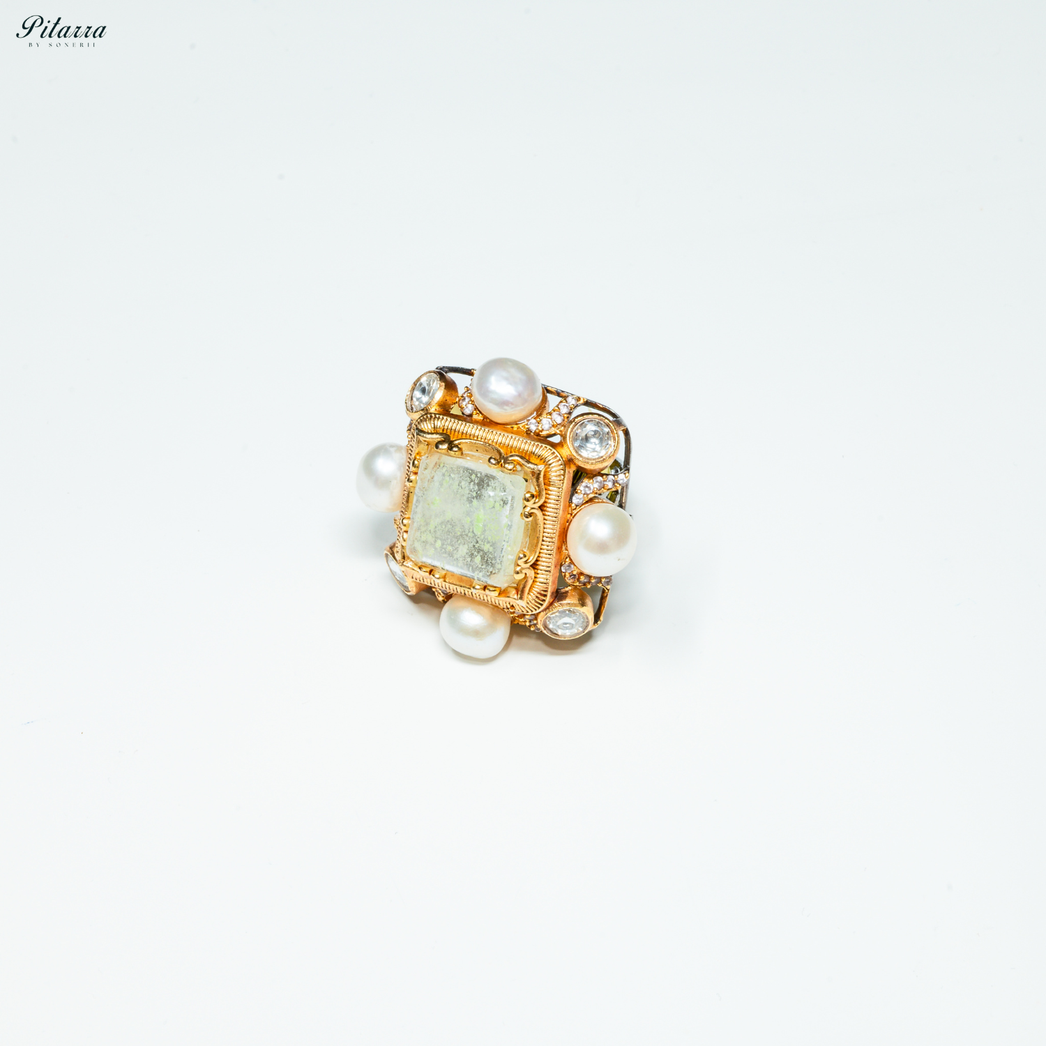 Tea Green Crystal Pearl Maharani Ring_Side Angle