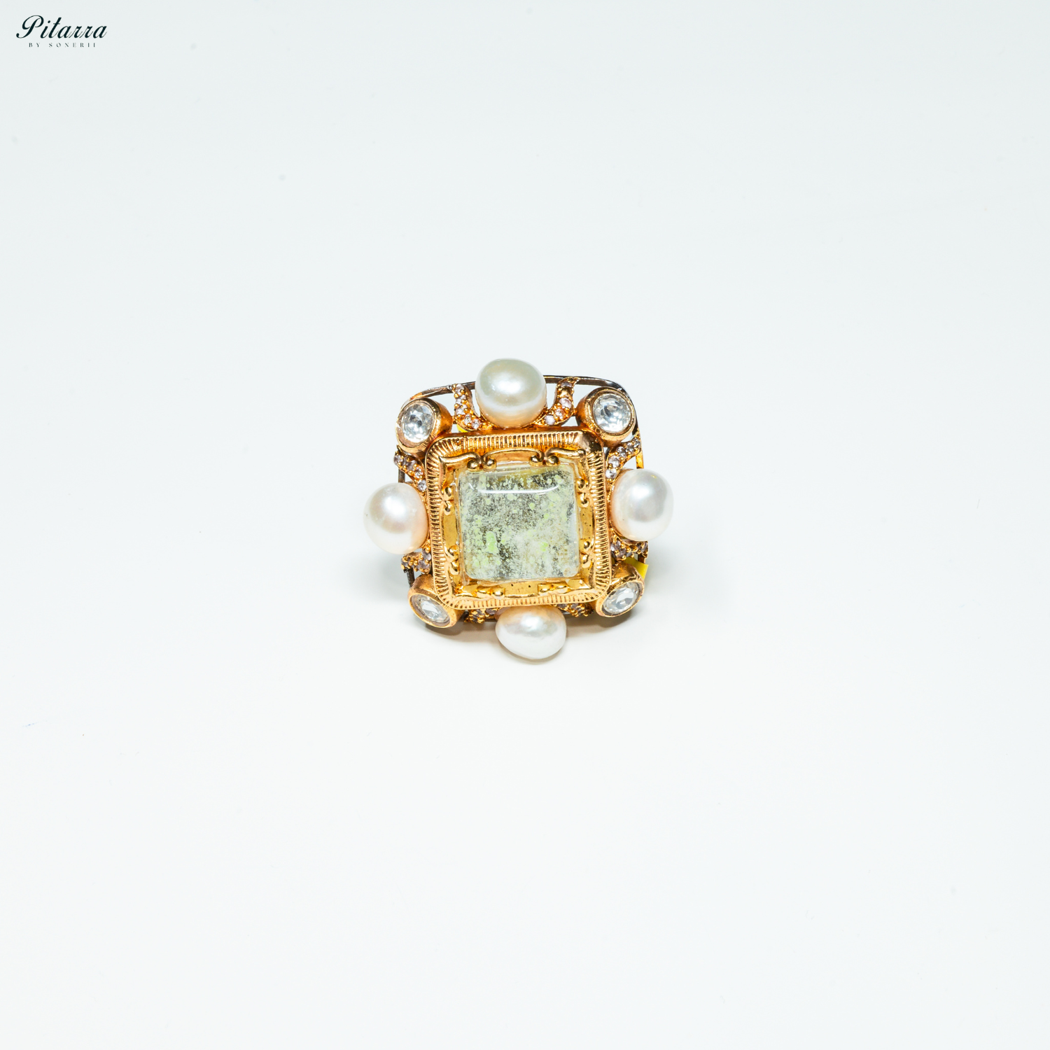 Tea Green Crystal Pearl Maharani Ring_White Background