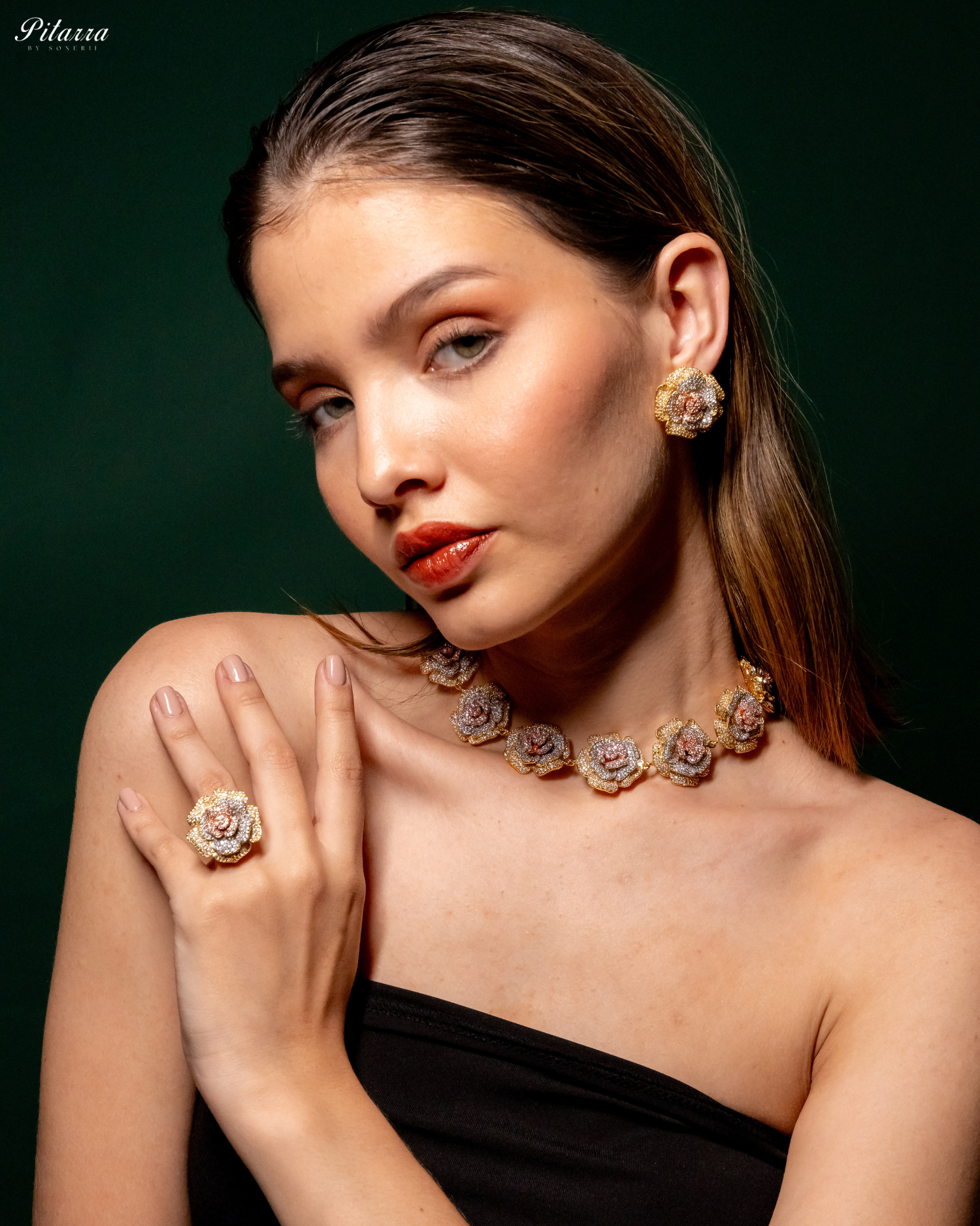 Three Tone Flower CZ Choker Set_Pose Image