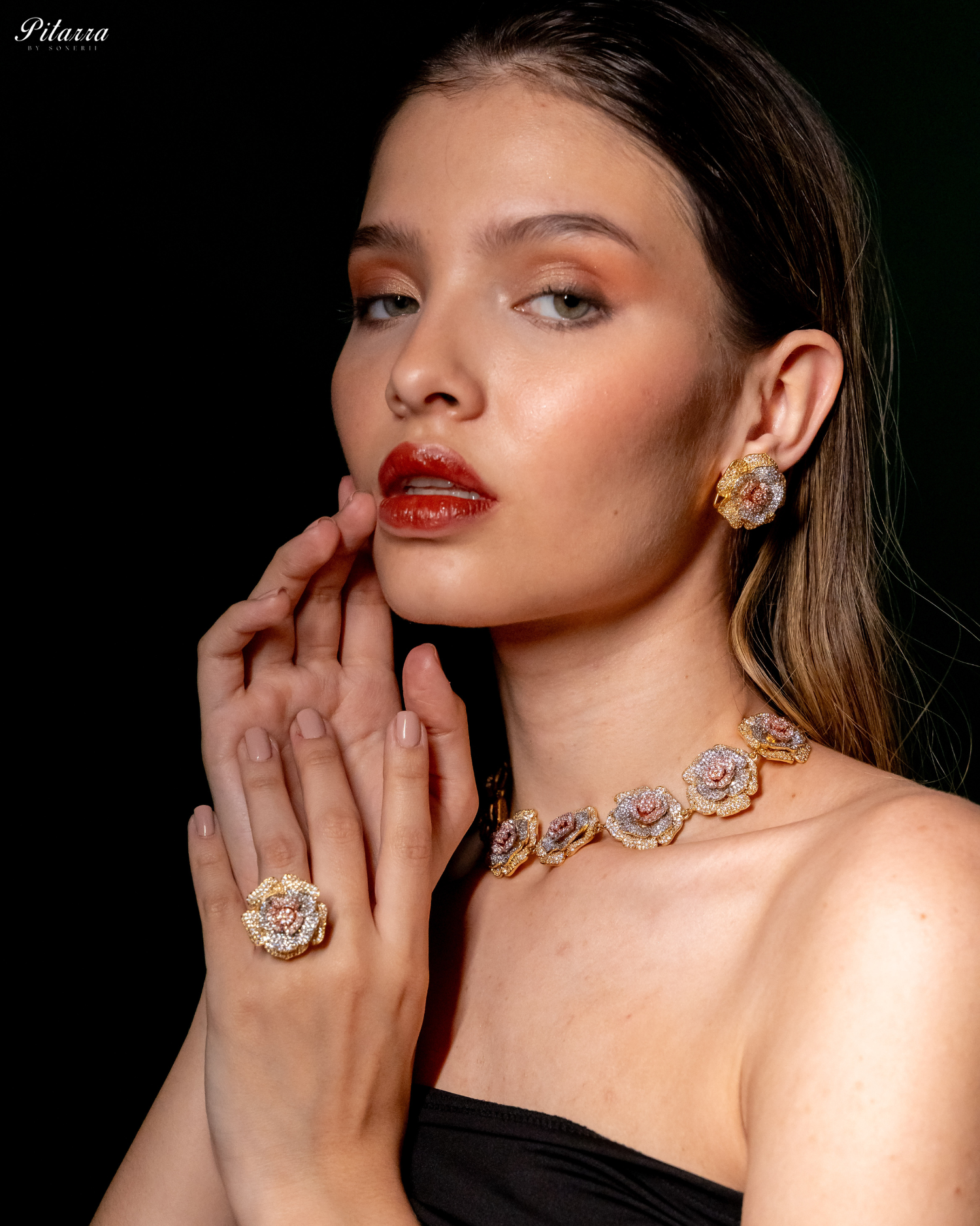 Three Tone Flower CZ Choker Set_Side Angle