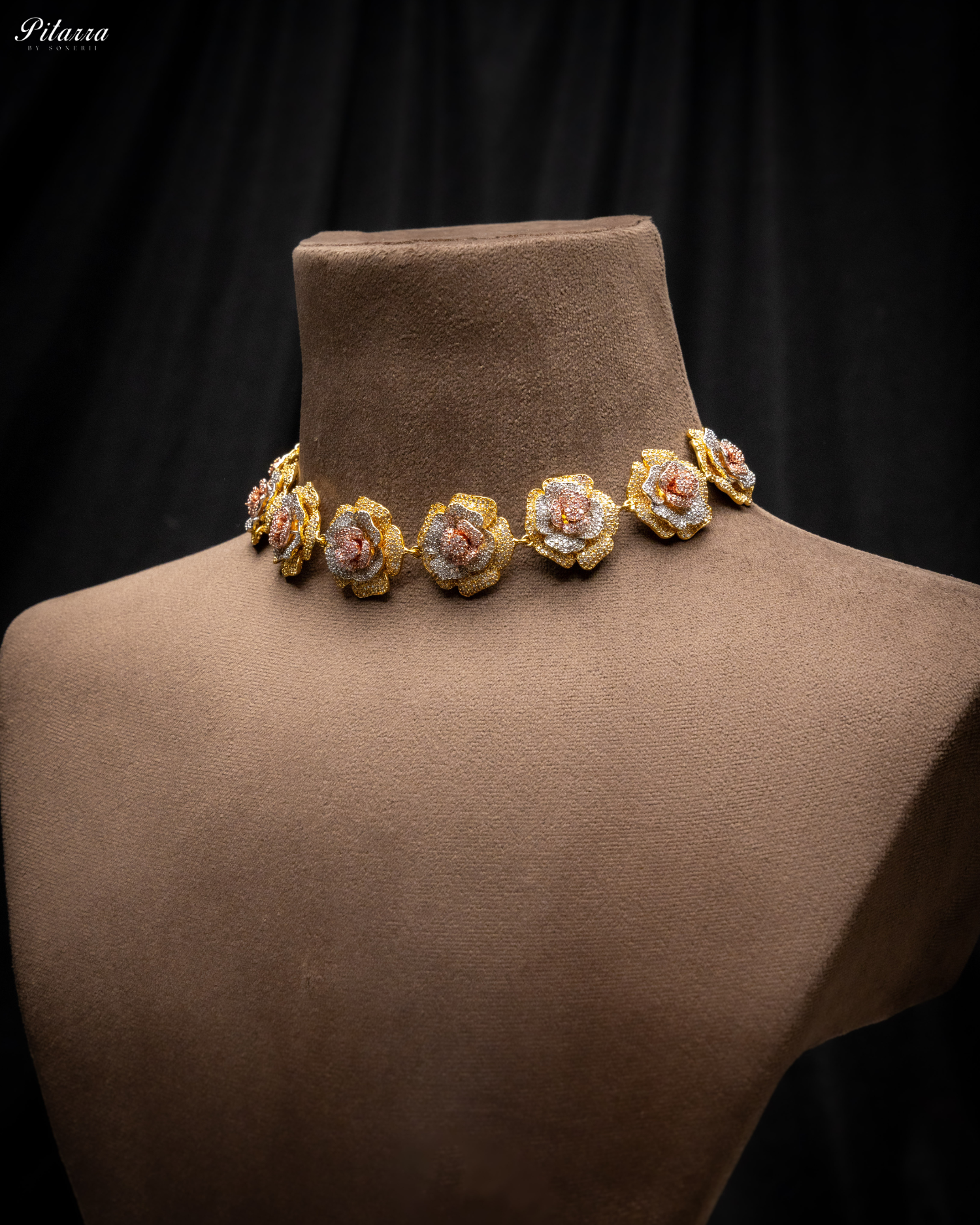 Three Tone Flower CZ Choker Set_Side Necklace