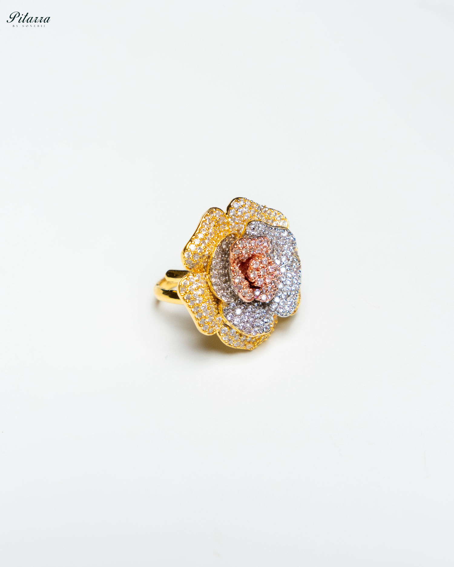 Three Tone Flower CZ Choker Set_Zoom Earrings_Ring