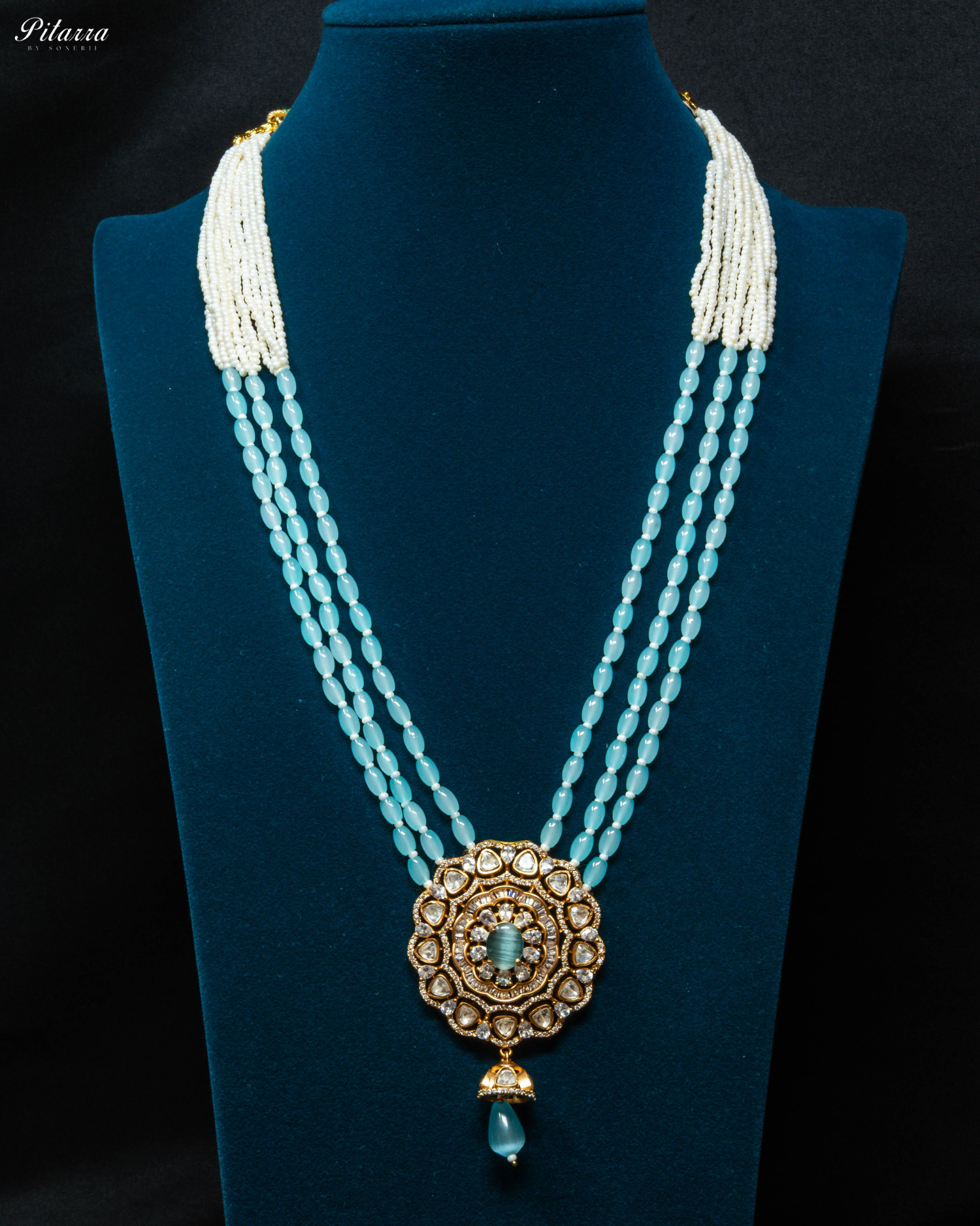 Turquoise Blue Multi Layered Beads Long Kundan Necklace_Front Image