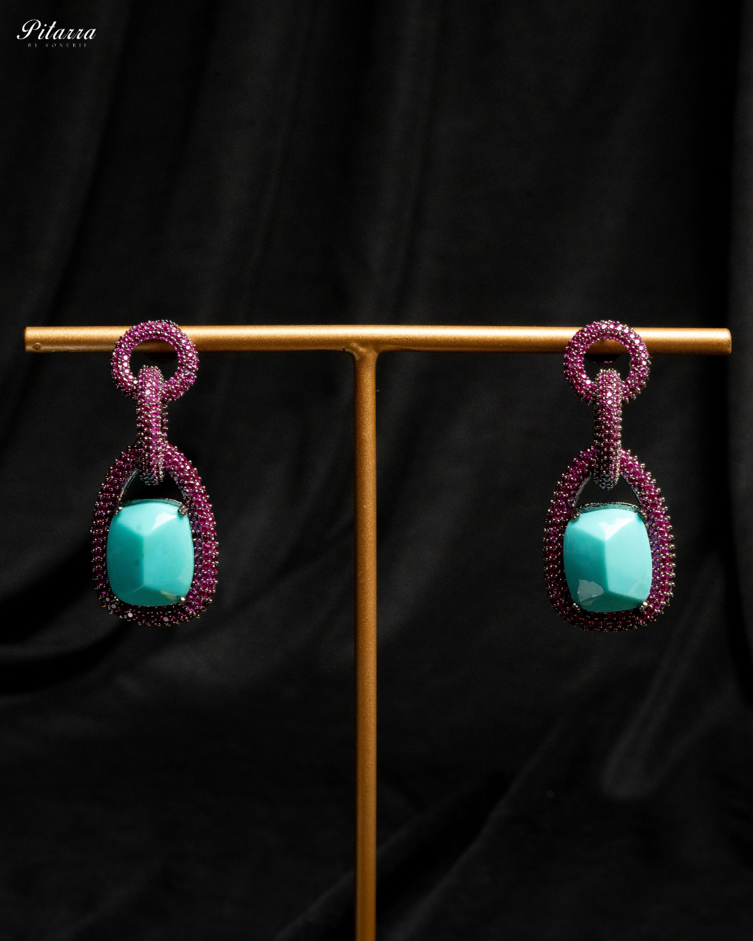 Turquoise Blue Stone Pink Chain CZ Necklace Set_Earrings