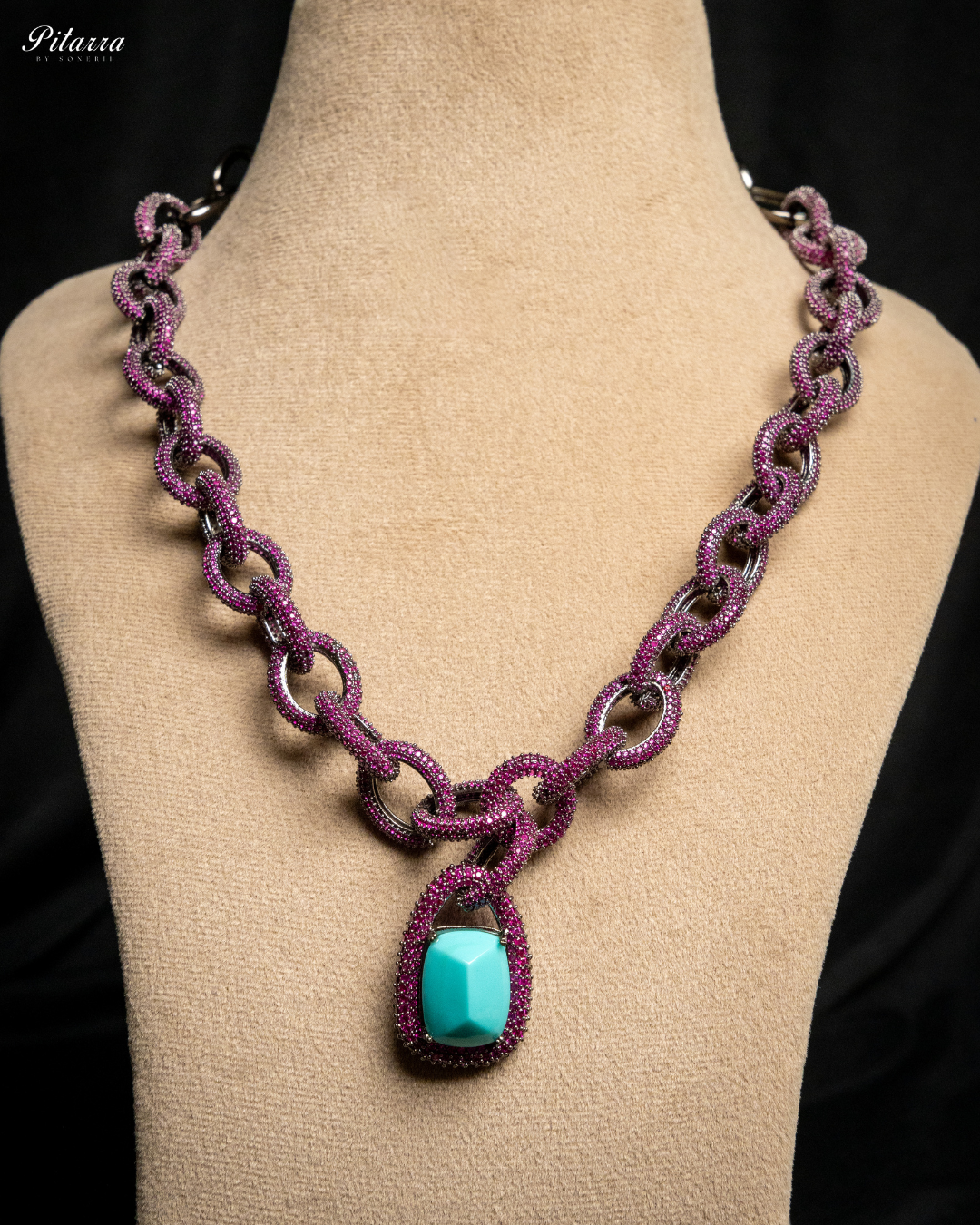 Turquoise Blue Stone Pink Chain CZ Necklace Set_Necklace