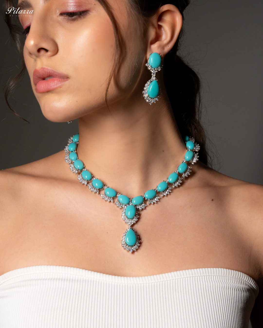 Turquoise Blue Zircon Silver Necklace Set_Side