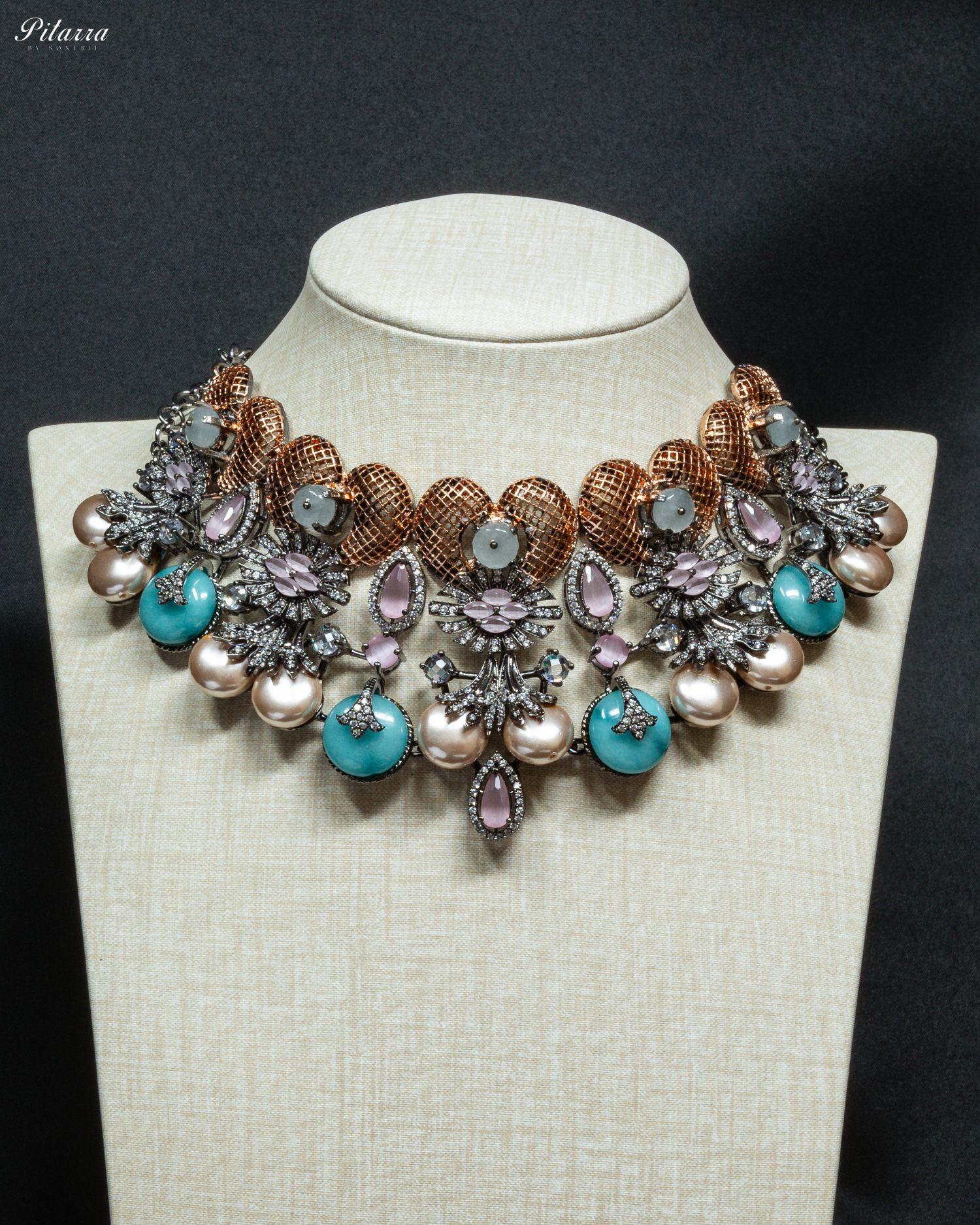 Turquoise with Pink Choker Set in Dual Tone_Front Image
