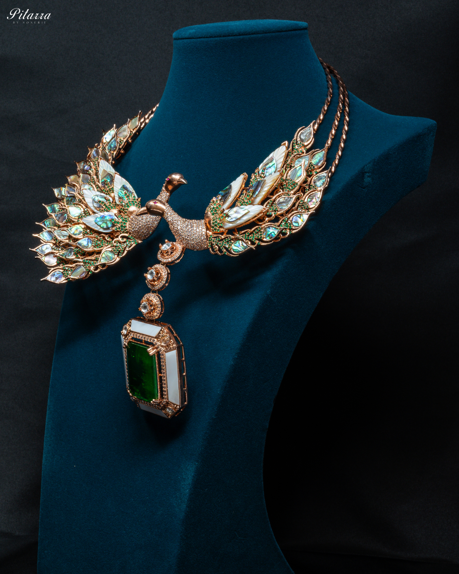 Two MOP Peacocks with Green Doublet Drop Necklace Set_Side Angle