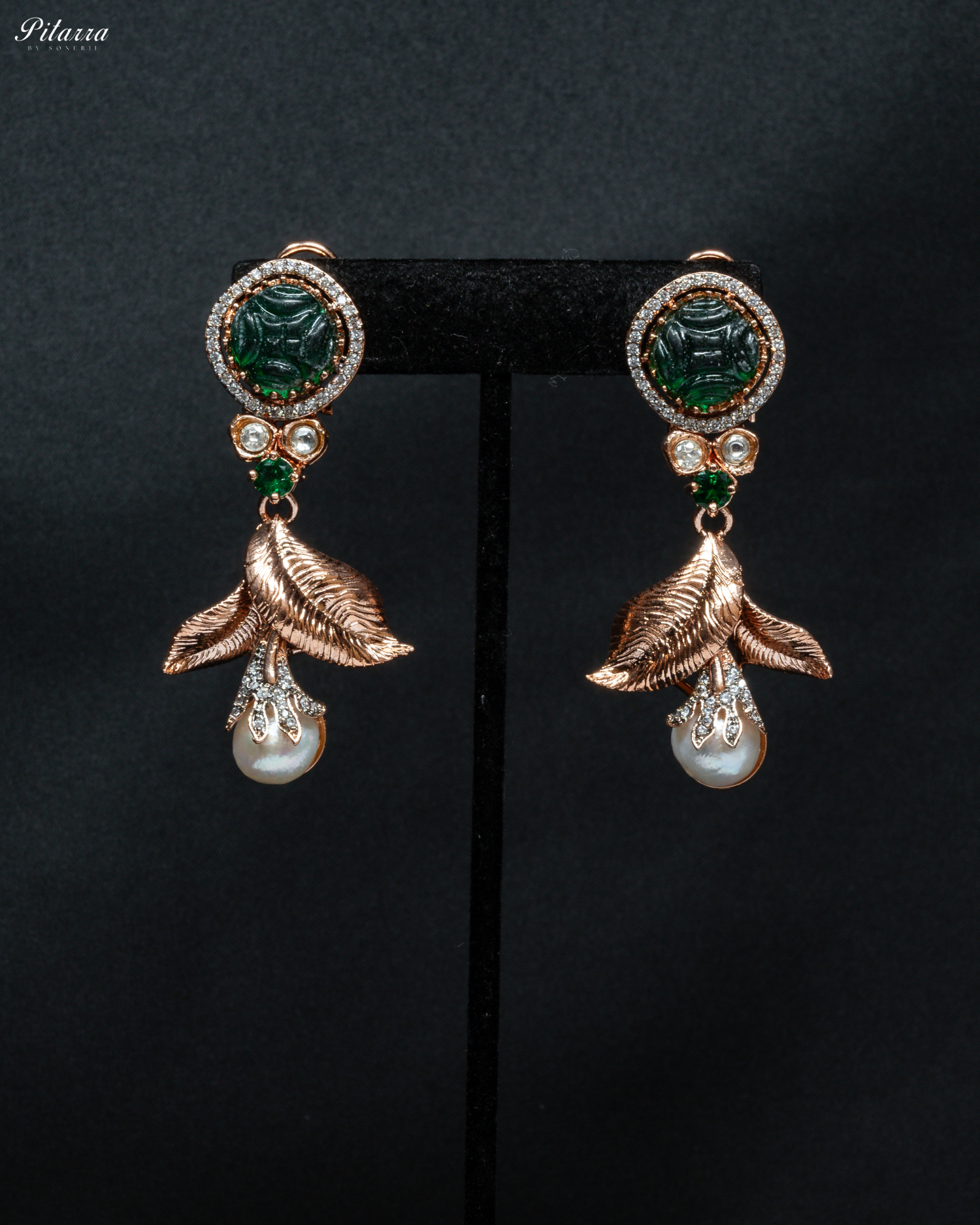 Victoria Green Carved Stone in Rose Gold Polish Necklace Set_Earrings