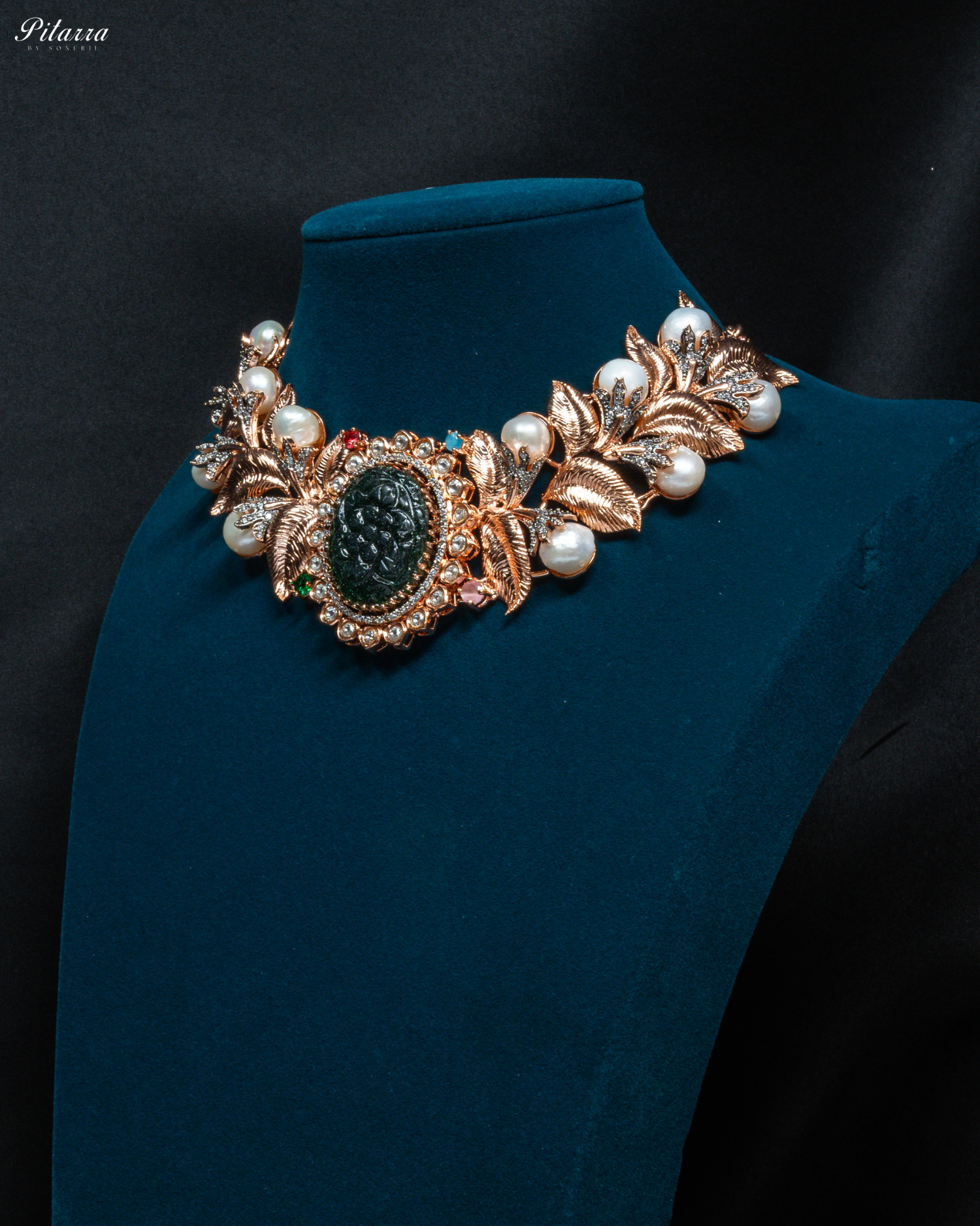 Victoria Green Carved Stone in Rose Gold Polish Necklace Set_Side Angle