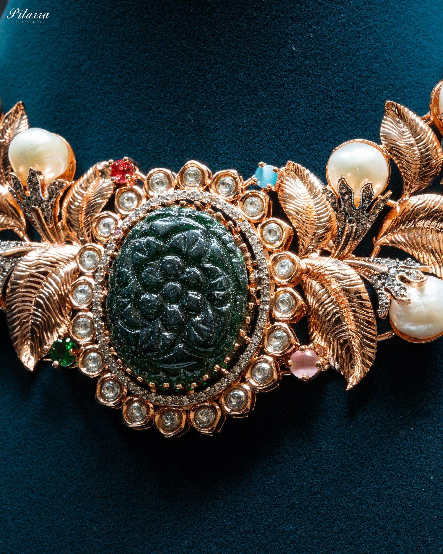 Victoria Green Carved Stone in Rose Gold Polish Necklace Set_Zoom Angle