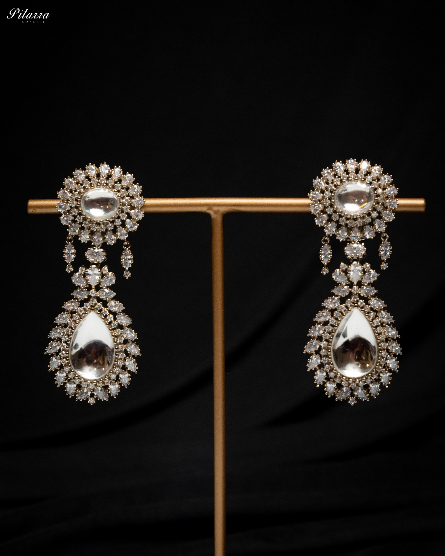 White Dangler Drop Polki Earrings Set_Front Image